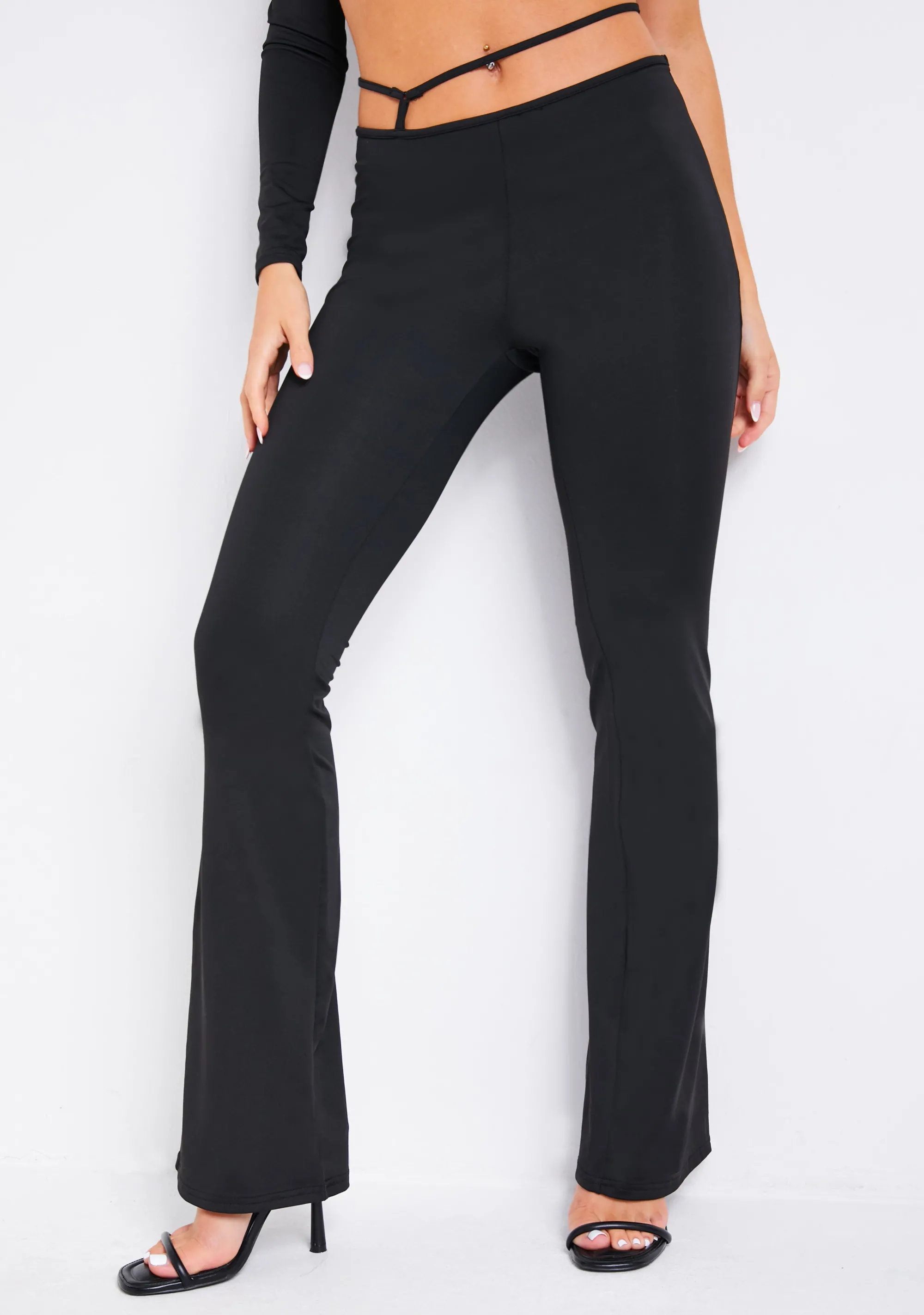 Missy Empire Aaliyah Black Strappy Asymmetric Flared Trouser^Women Trousers