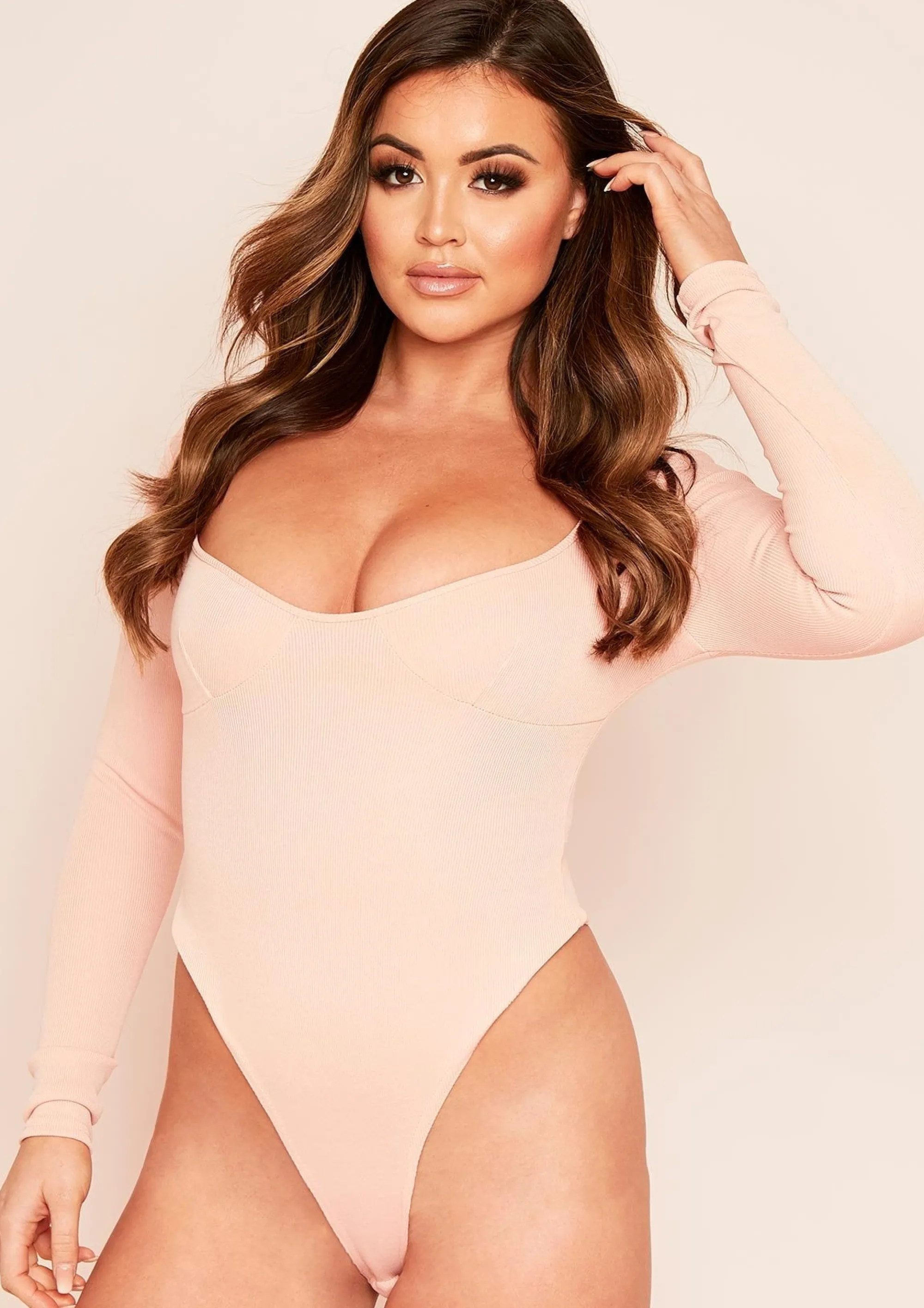 Missy Empire Aaliyah Peach Bust Cup Bandage Rib Bodysuit Discount