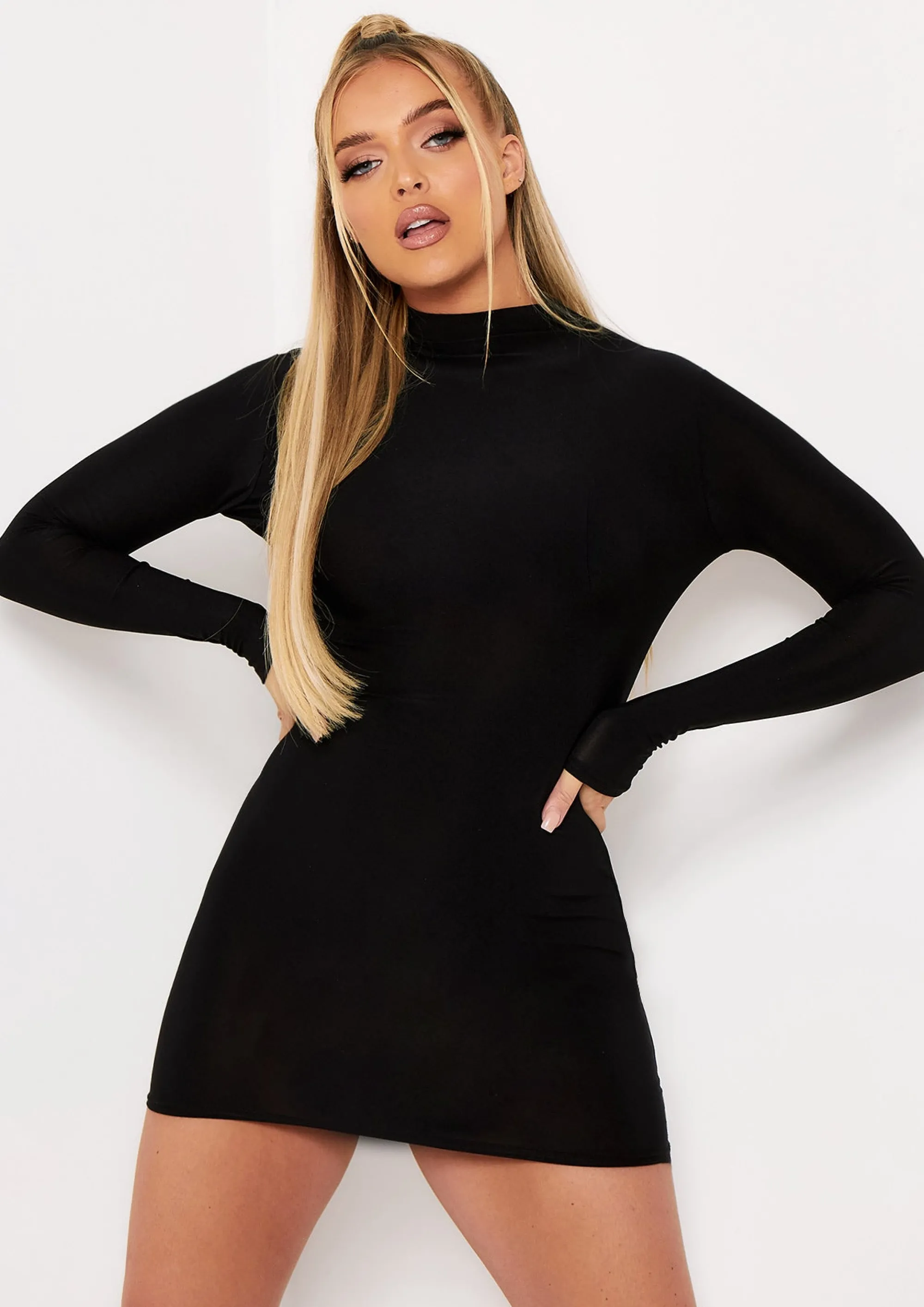 Missy Empire Ada Black High Neck Long Sleeve Mini Dress^Women Dresses