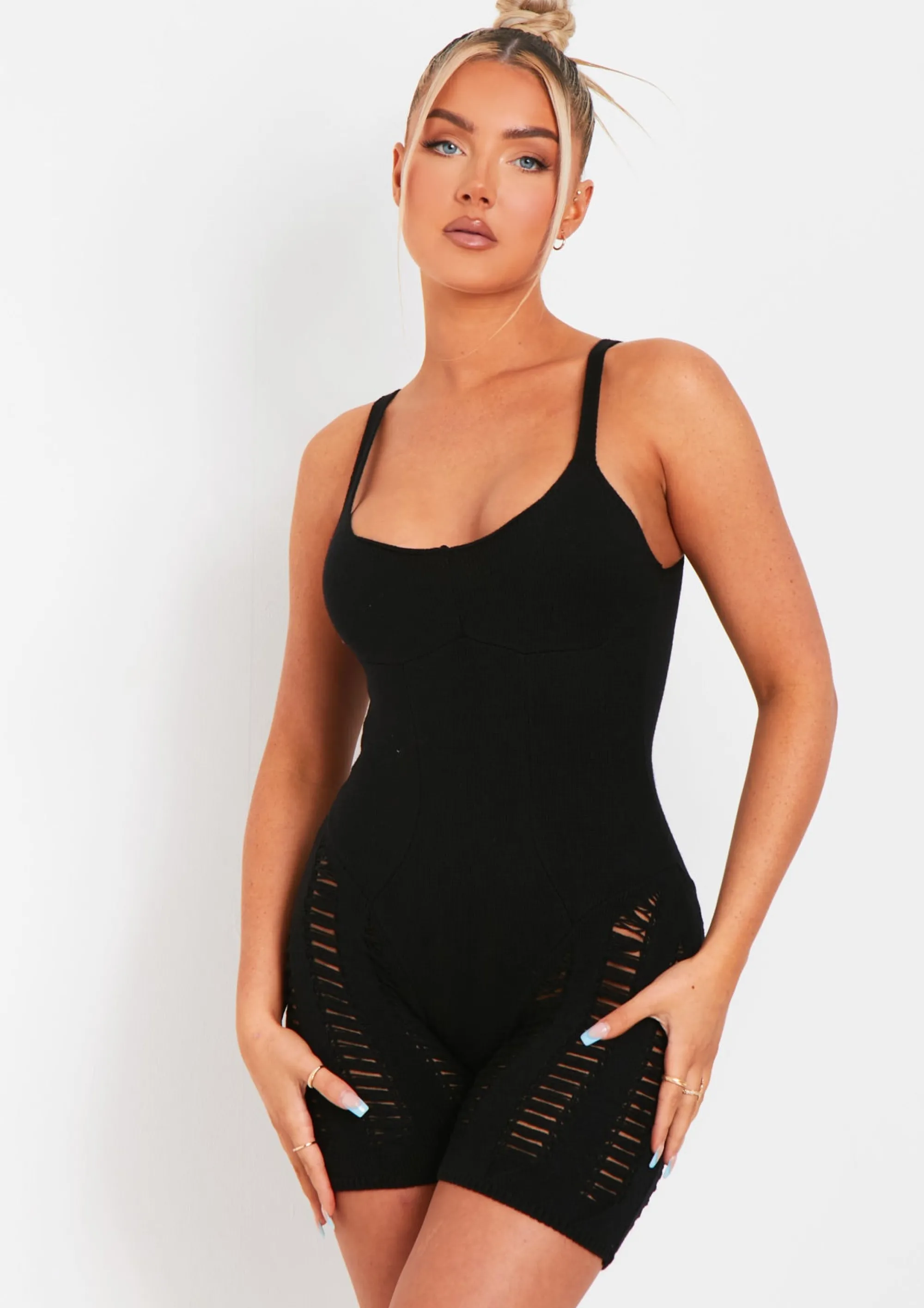 Missy Empire Adalynn Black Laddered Knitted Playsuit^Women Loungewear