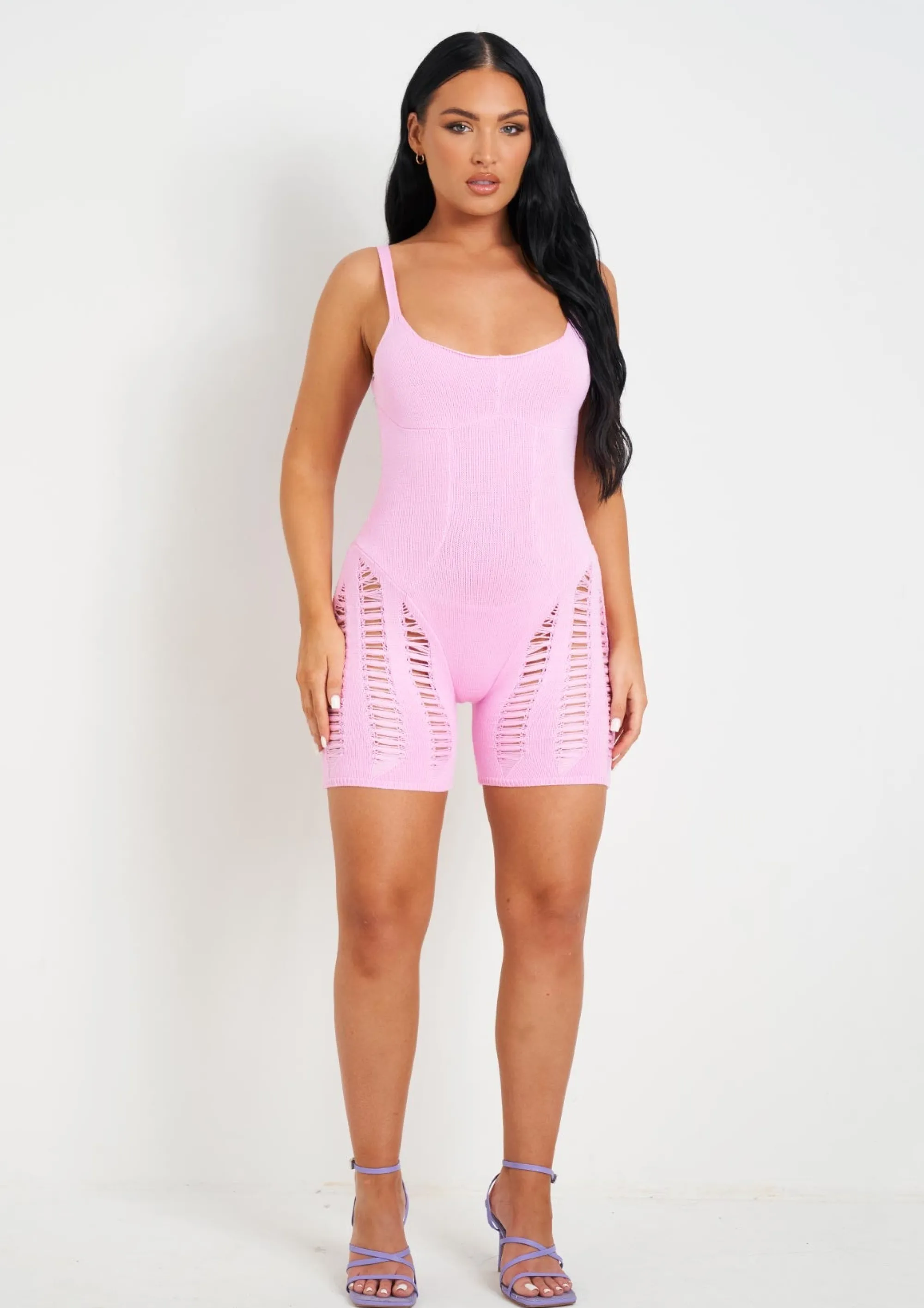 Missy Empire Adalynn Pink Laddered Knitted Playsuit^Women Loungewear