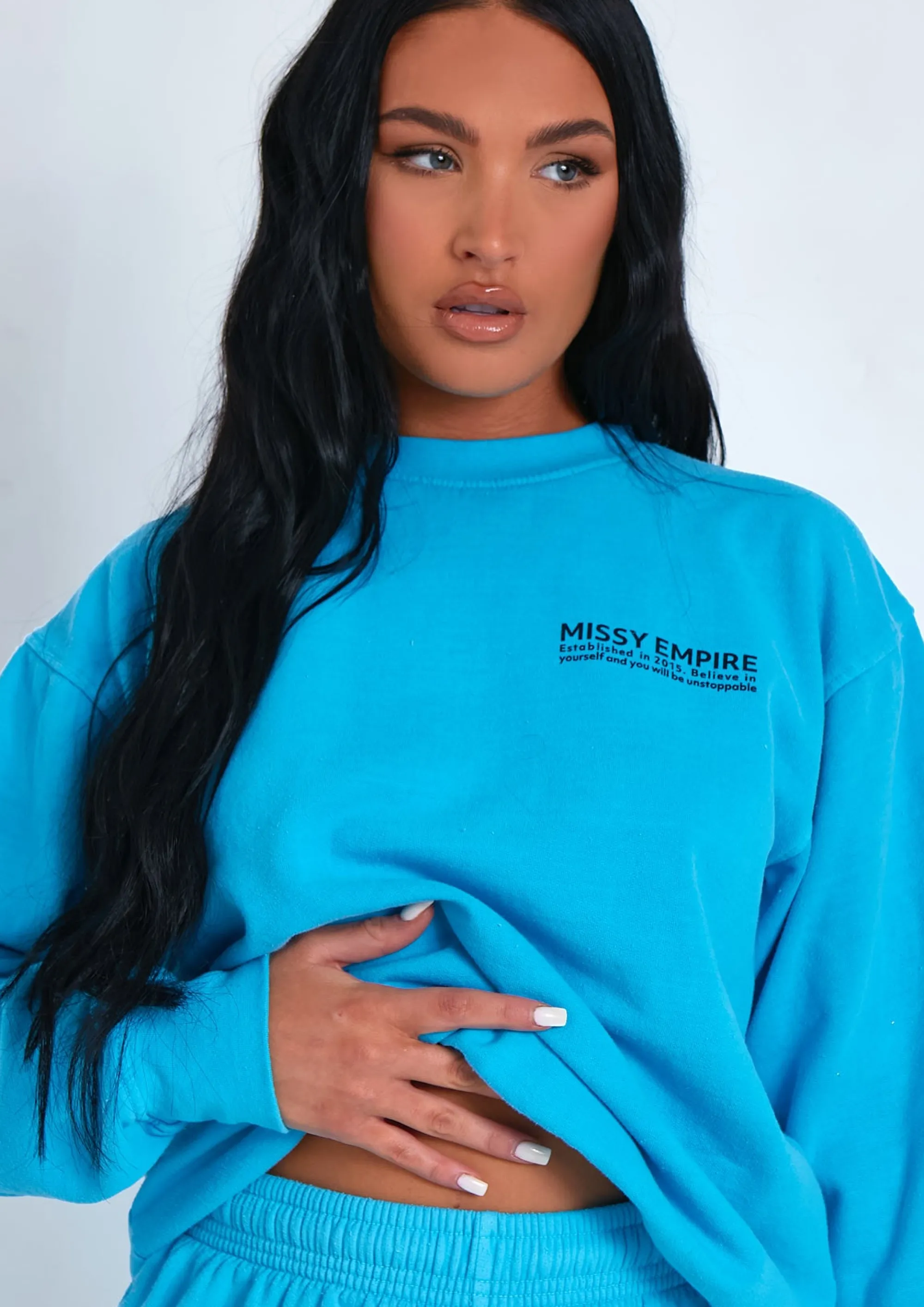 Missy Empire Alesha Blue Text Oversized Sweatshirt^Women Tracksuits