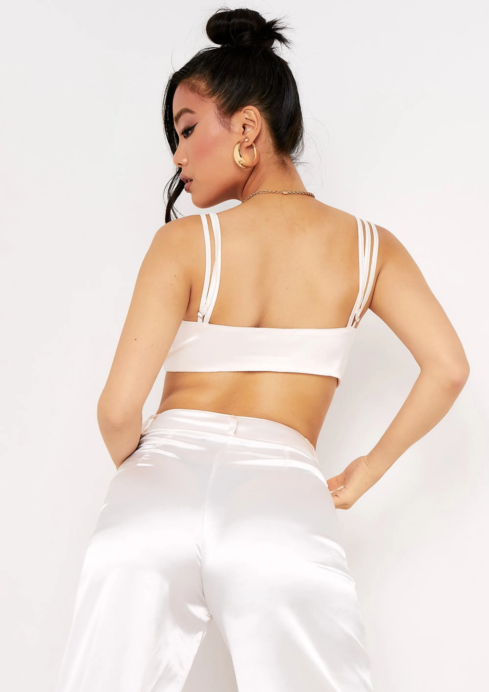 Missy Empire Alessia Ivory Strap Detail Twist Front Satin Bralet Crop Top Cheap
