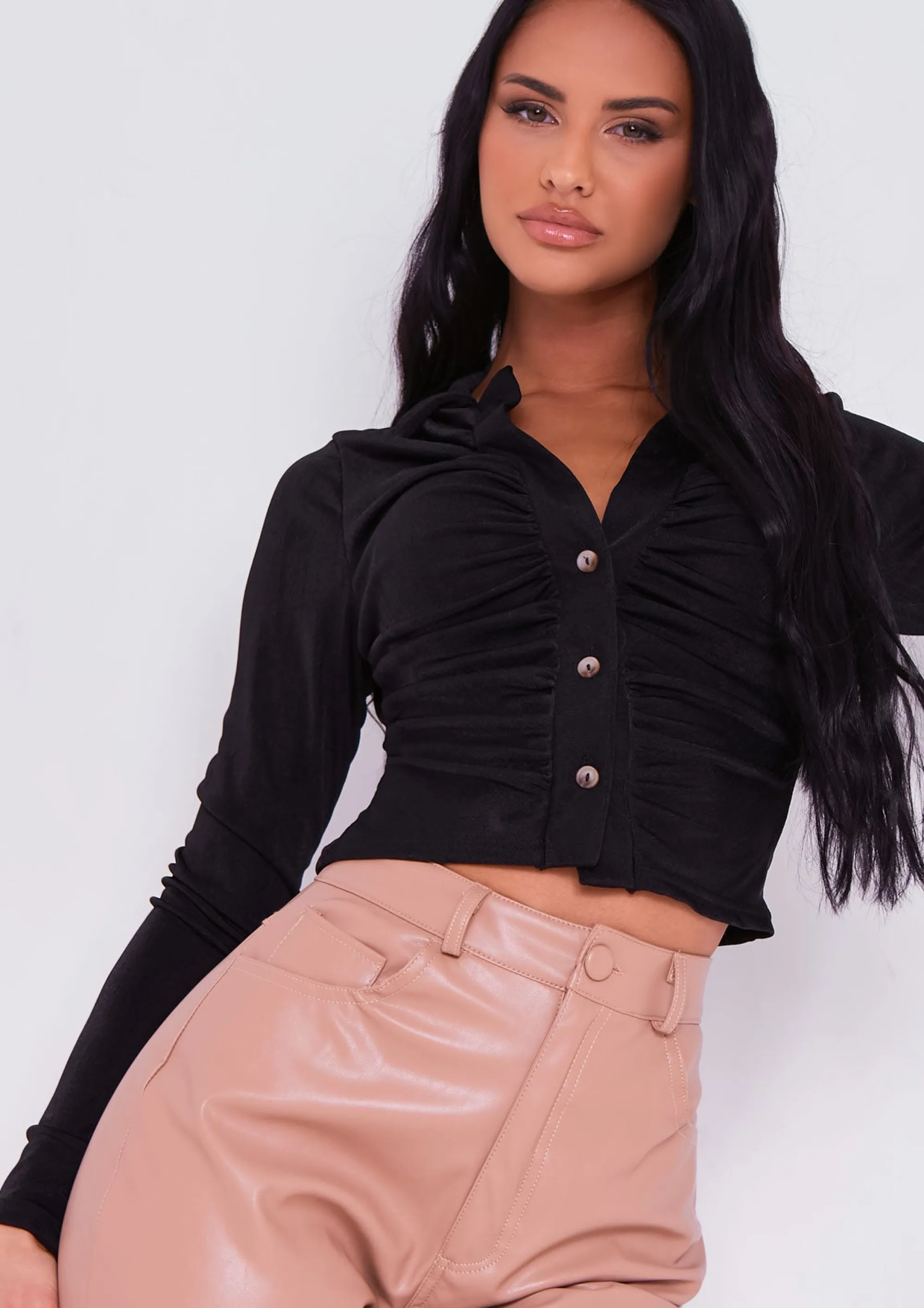 Missy Empire Alishia Black Long Sleeve Button Up Ruched Acetate Slinky Top Hot