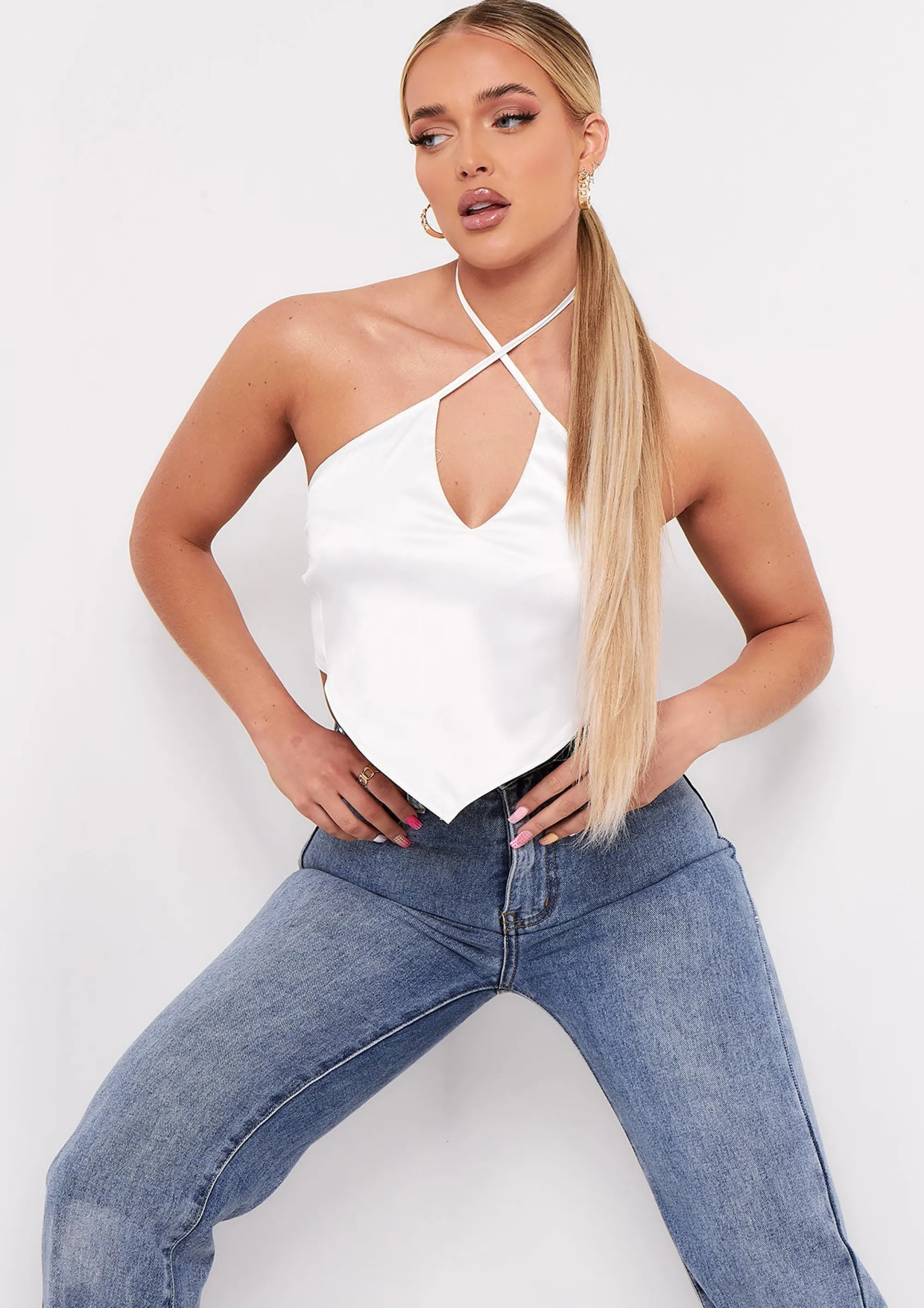 Missy Empire Aliyah Ivory Cross Strap Satin Tie Pointed Hem Top Best