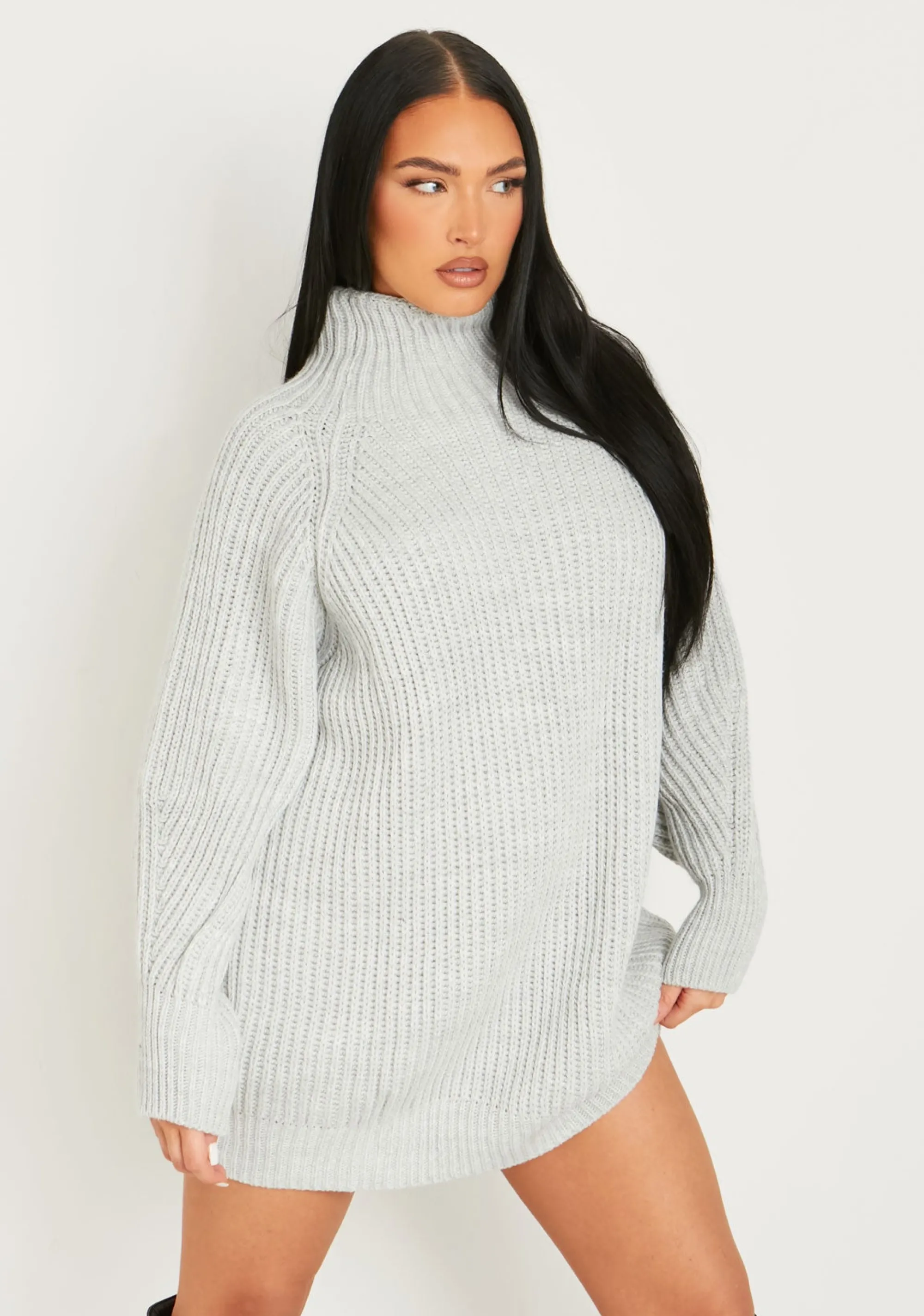 Missy Empire Amie Grey Chunky Knit Jumper Dress^Women Dresses