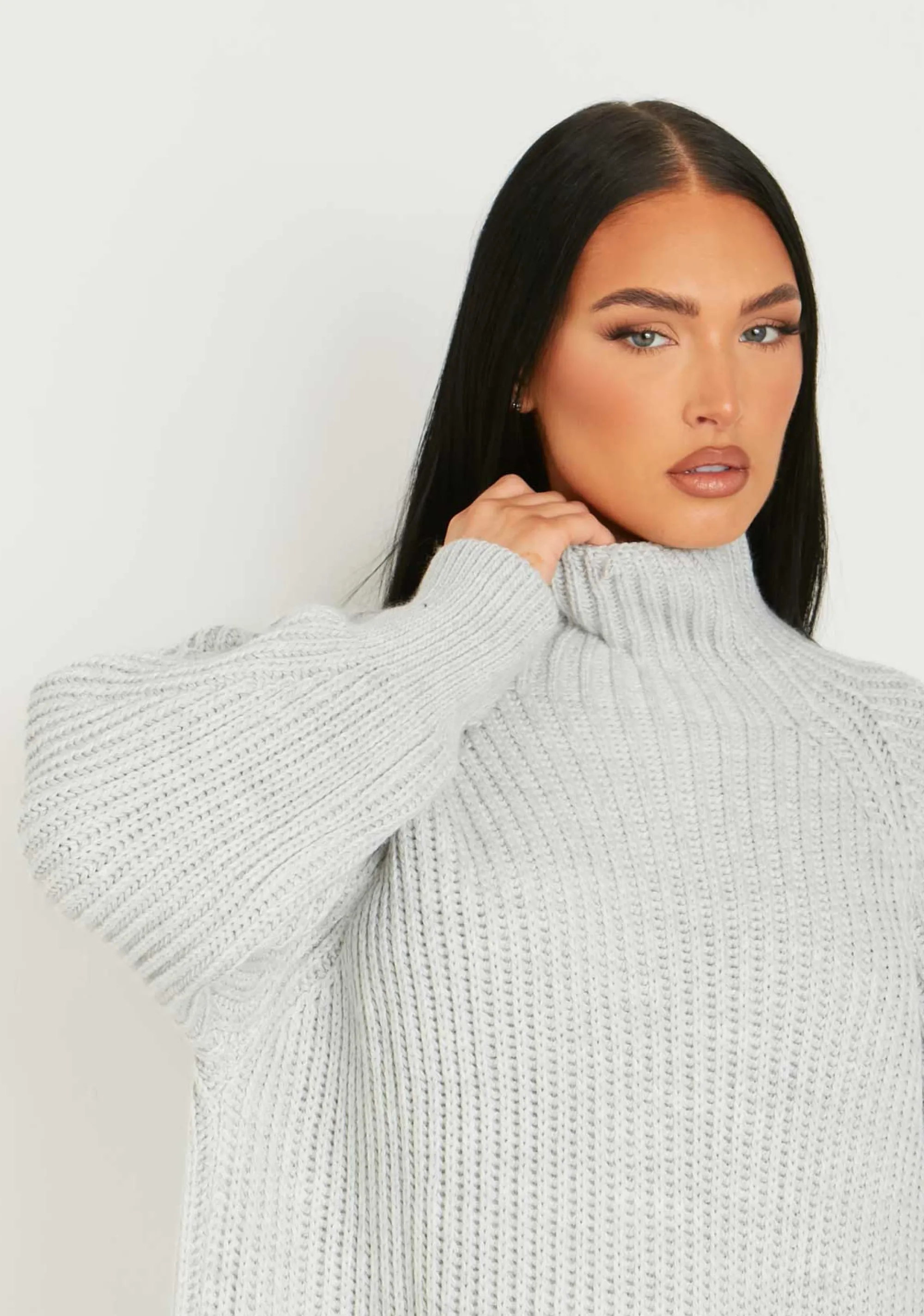 Missy Empire Amie Grey Chunky Knit Jumper Dress^Women Dresses