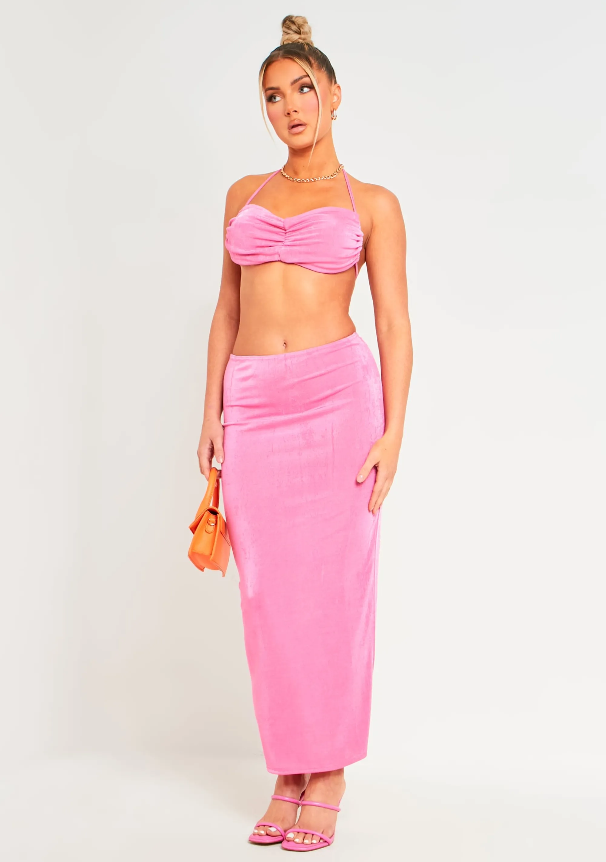 Missy Empire Amora Pink Acetate Slinky Ruched Maxi Skirt New