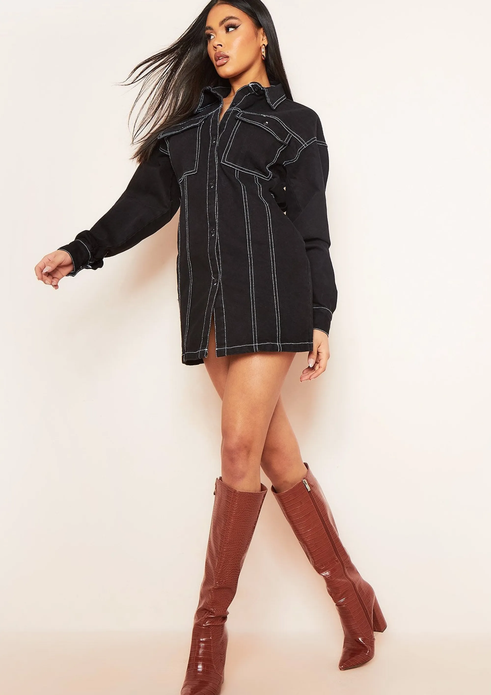 Missy Empire Amy Black Denim Contrast Stitch Mini Dress^Women Dresses
