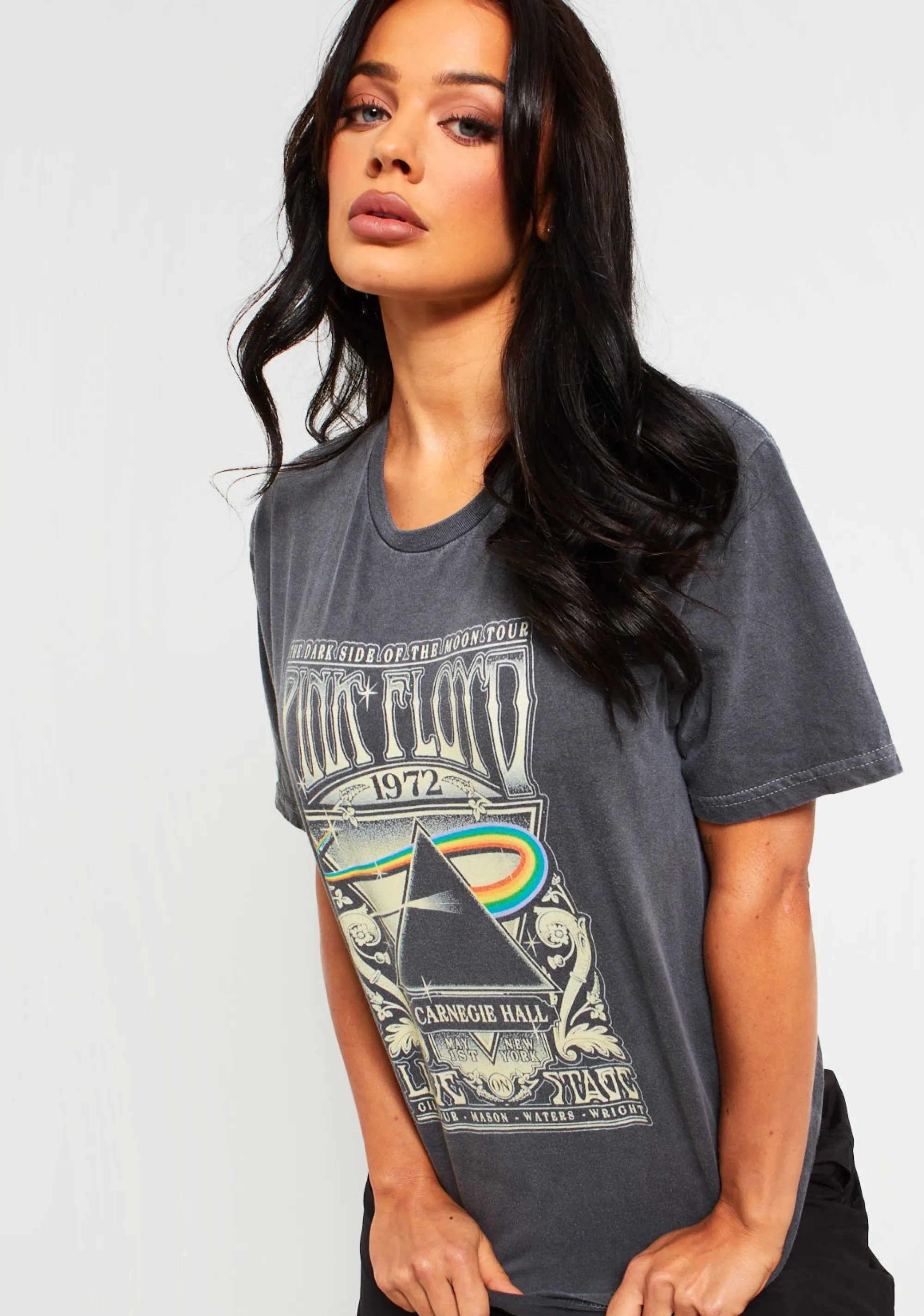 Missy Empire Antonella Pink Floyd Washed Black Oversized Band T-Shirt Cheap