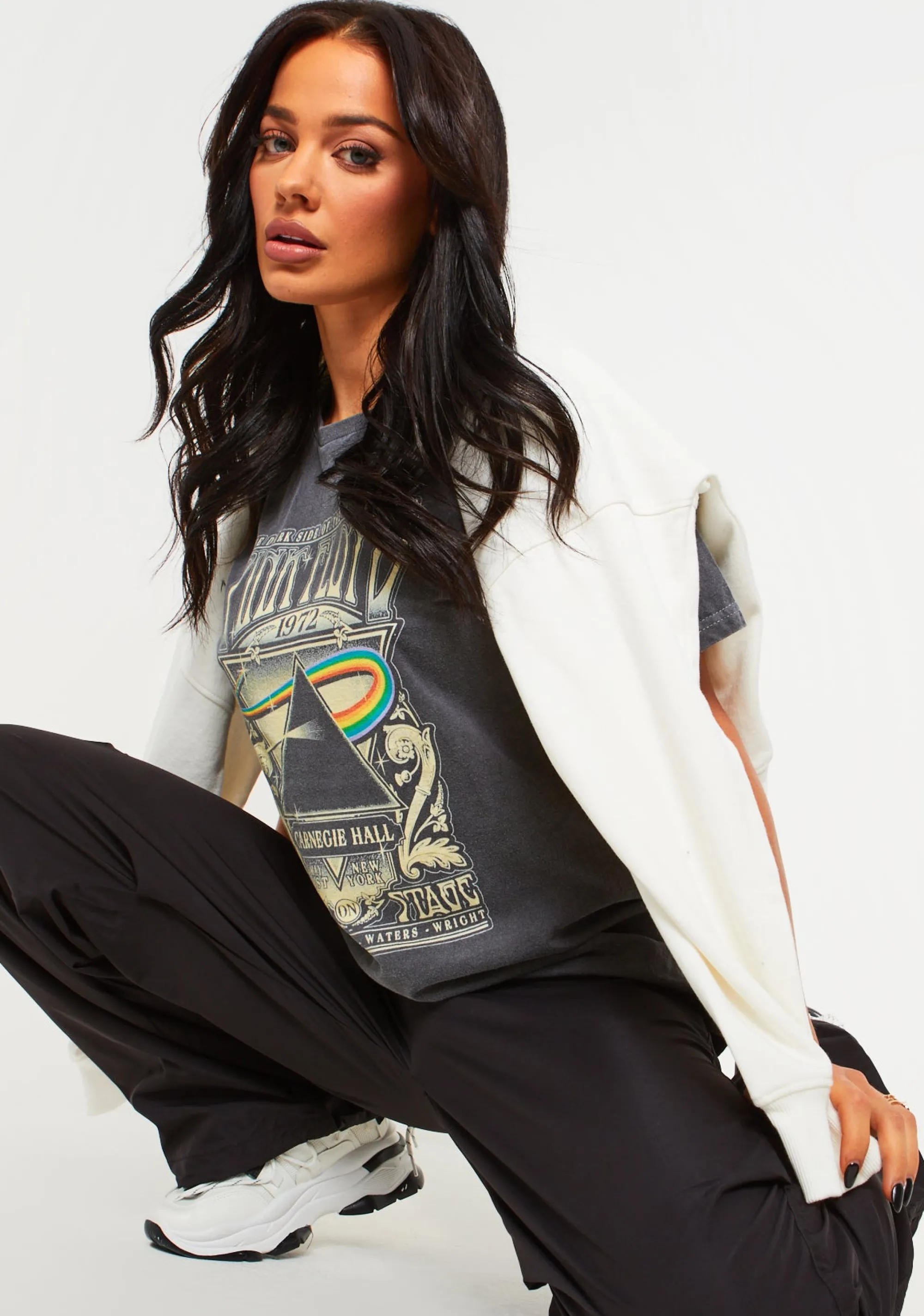 Missy Empire Antonella Pink Floyd Washed Black Oversized Band T-Shirt Cheap