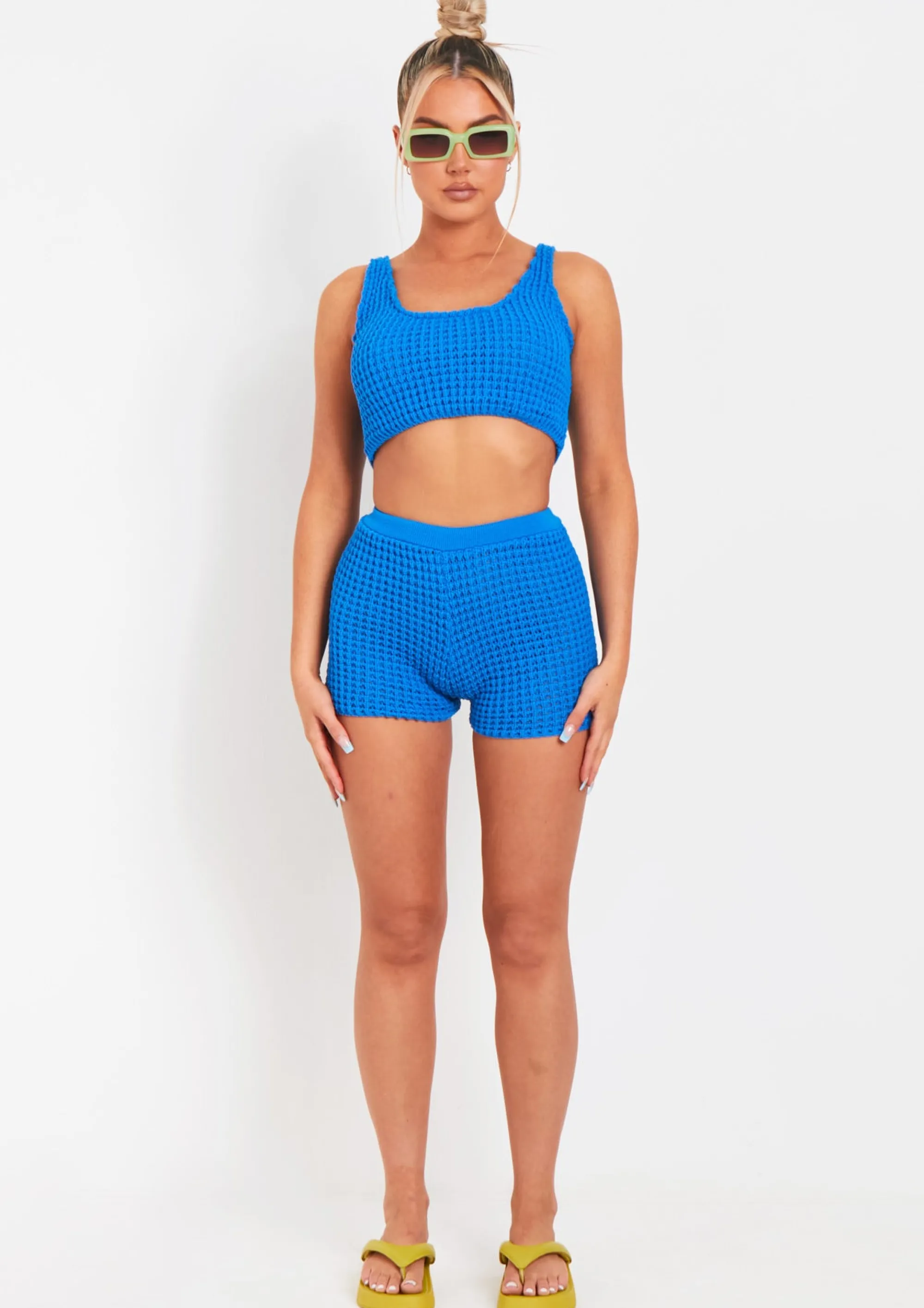 Missy Empire Antonia Blue Crochet Knit Shorts^Women Shorts