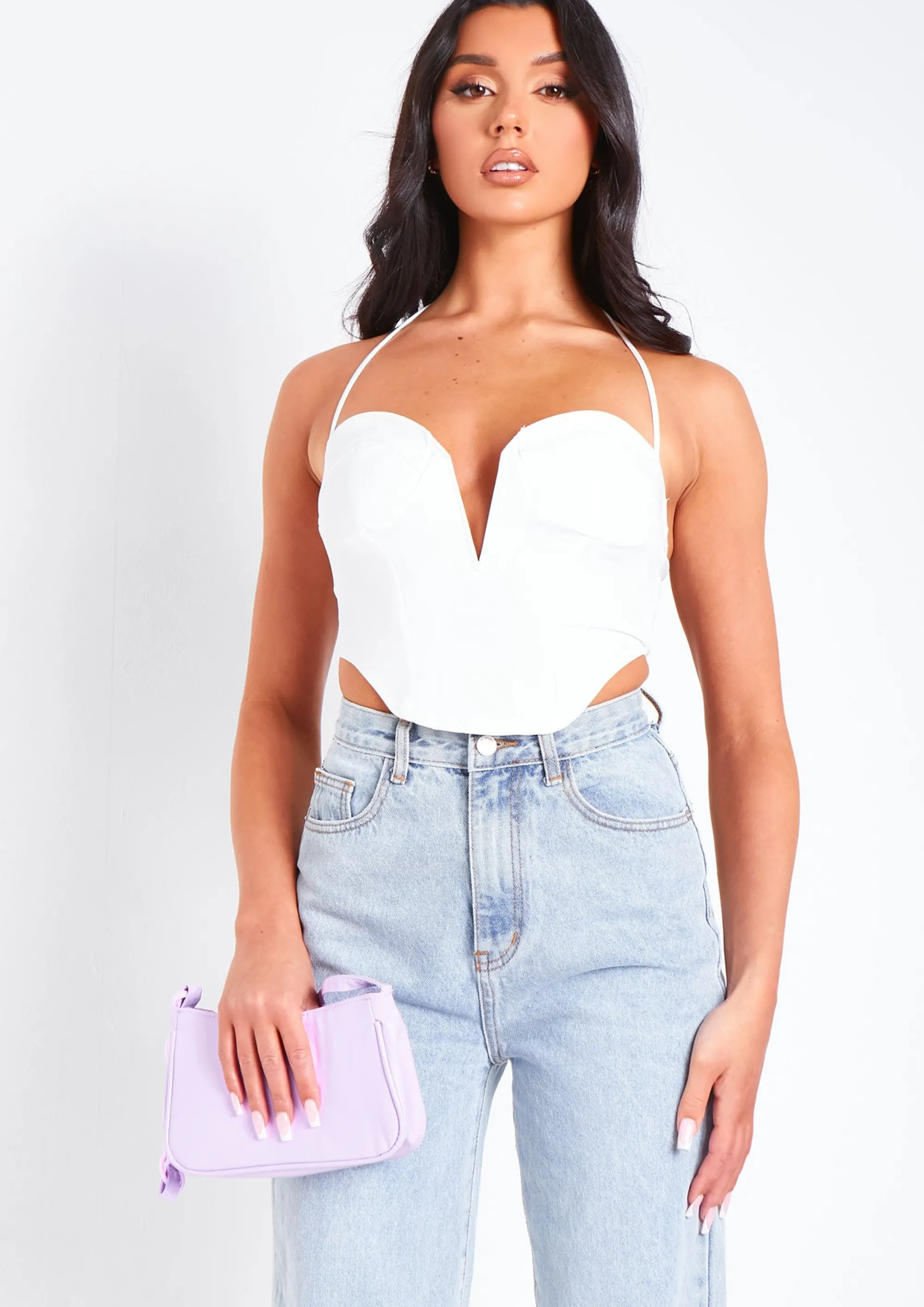 Missy Empire Arden Ivory Halterneck Corset Plunge Top Best