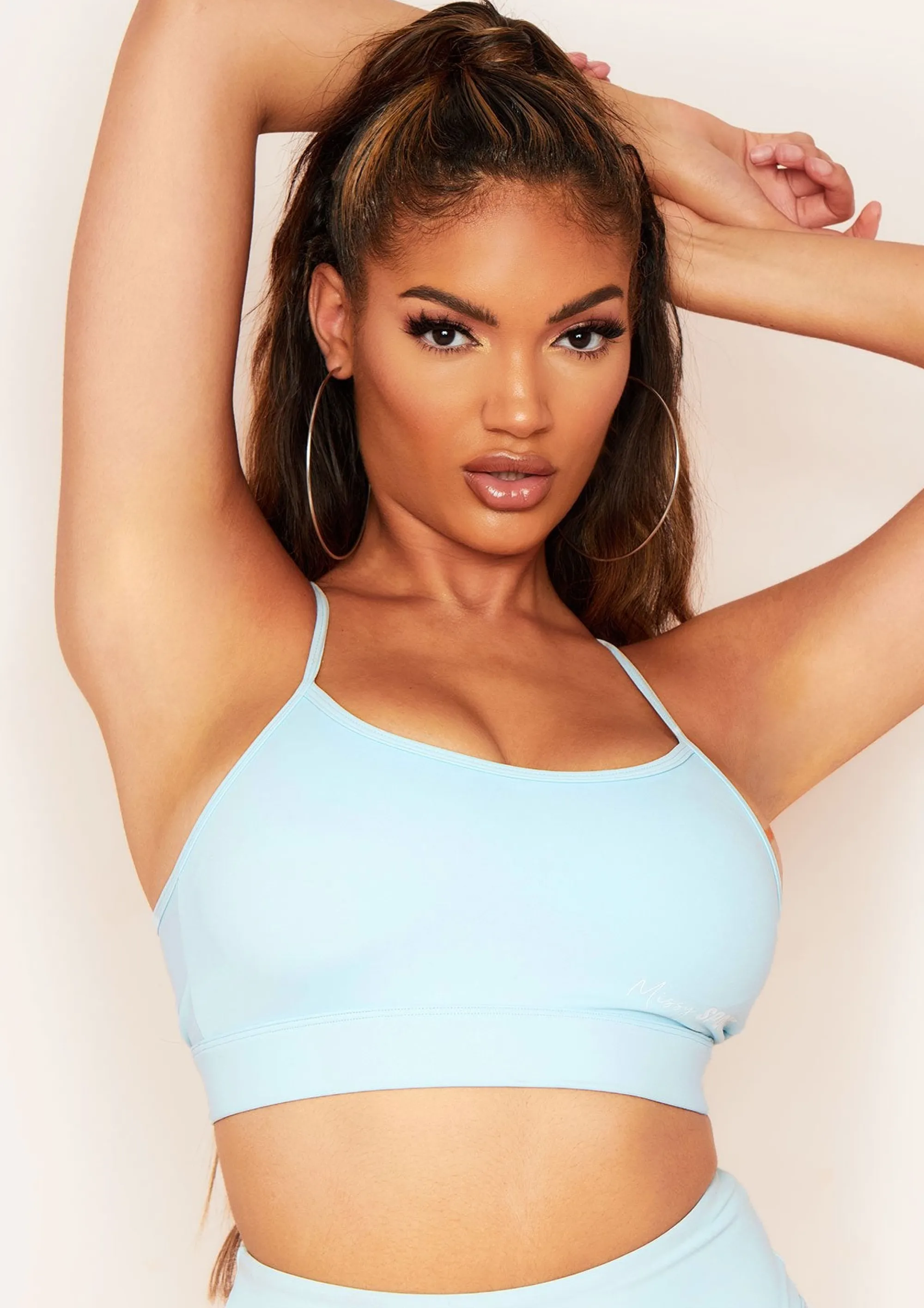 Missy Empire Audrey Pastel Blue Missy Sport Strappy Cross Back Gym Crop Top Fashion