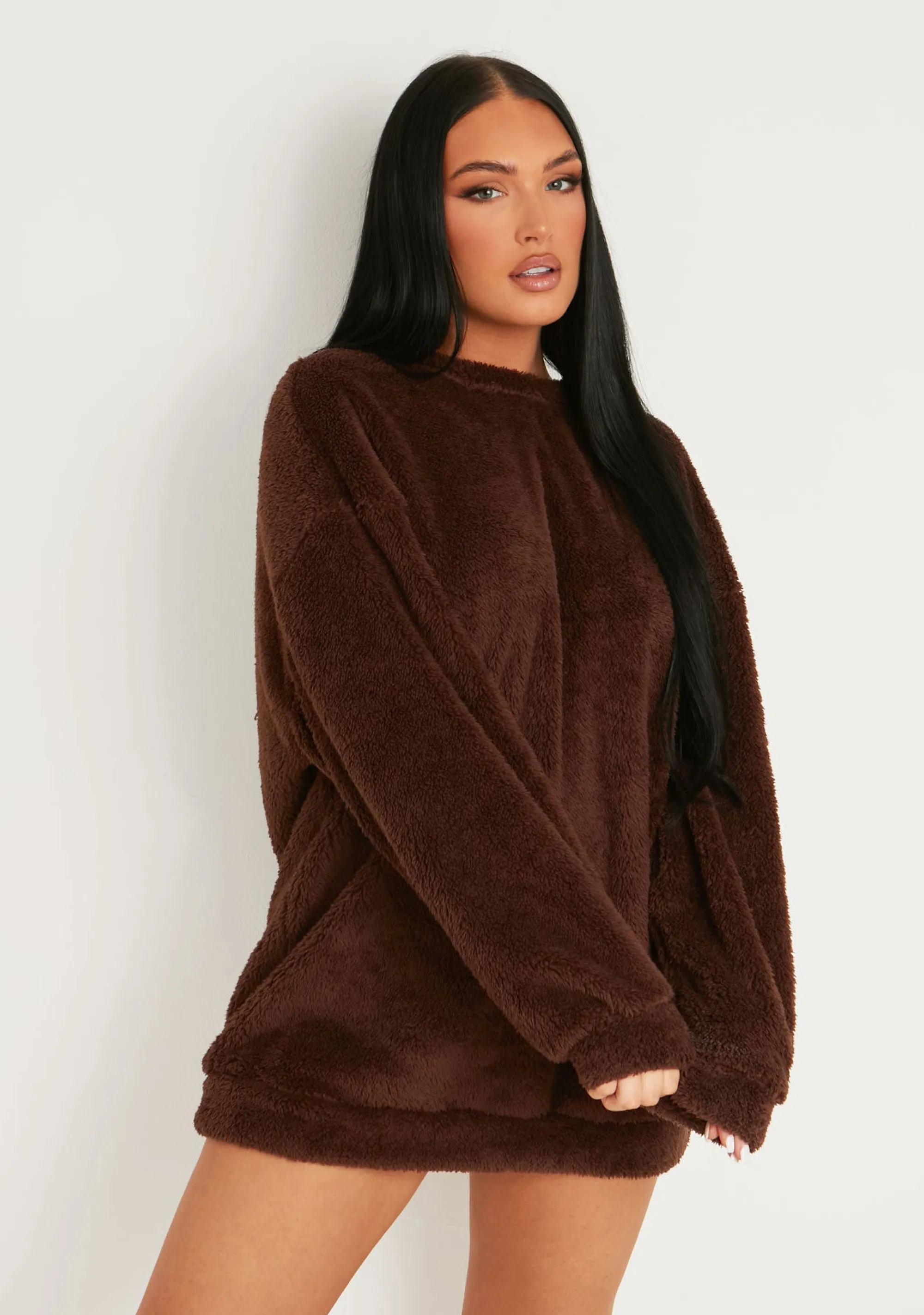 Missy Empire Bethany Chocolate Fluffy Borg V Back Jumper Dress^Women Nightwear