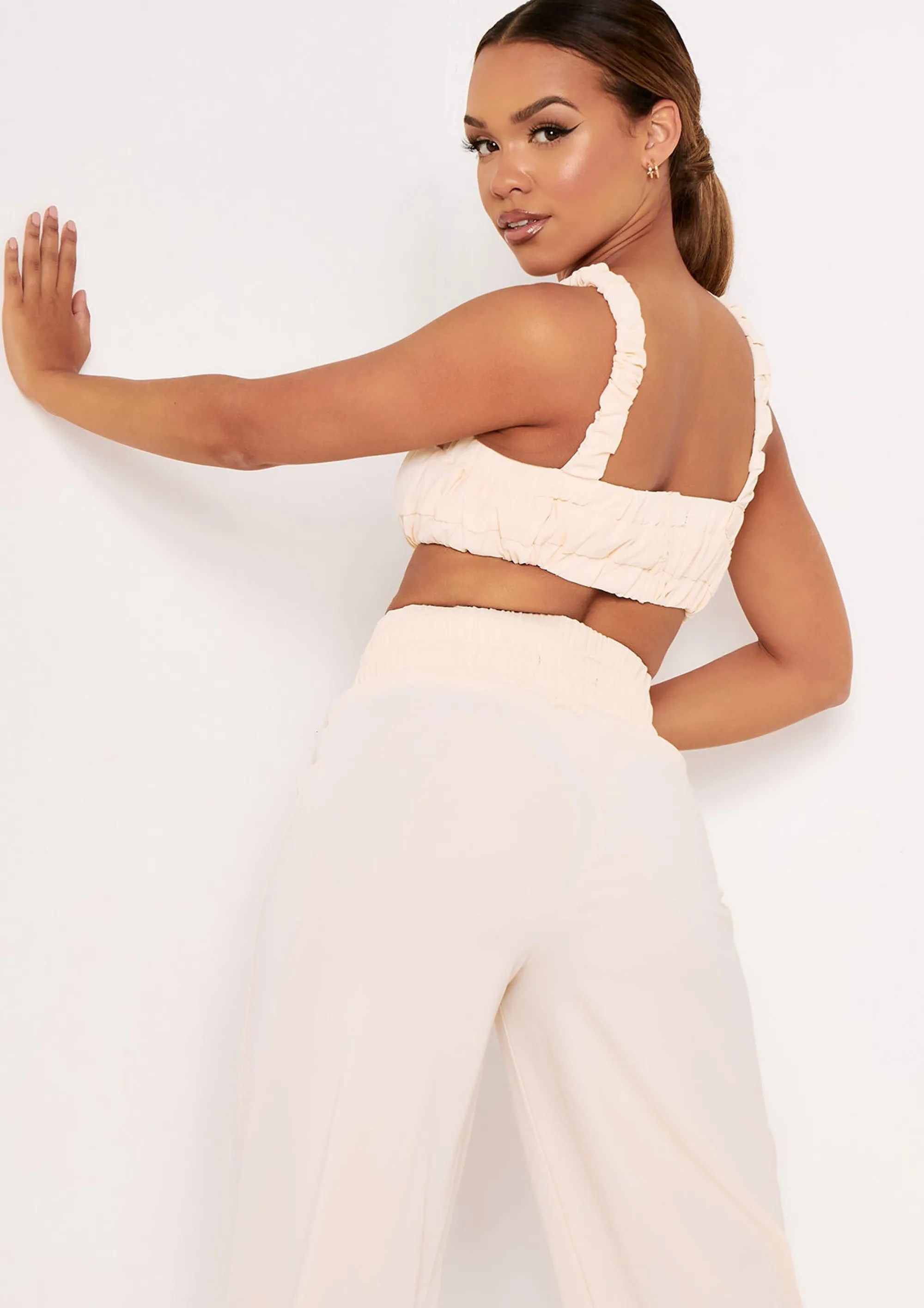 Missy Empire Britta Cream Cross Strap Pleat Detail Crop Top Best Sale