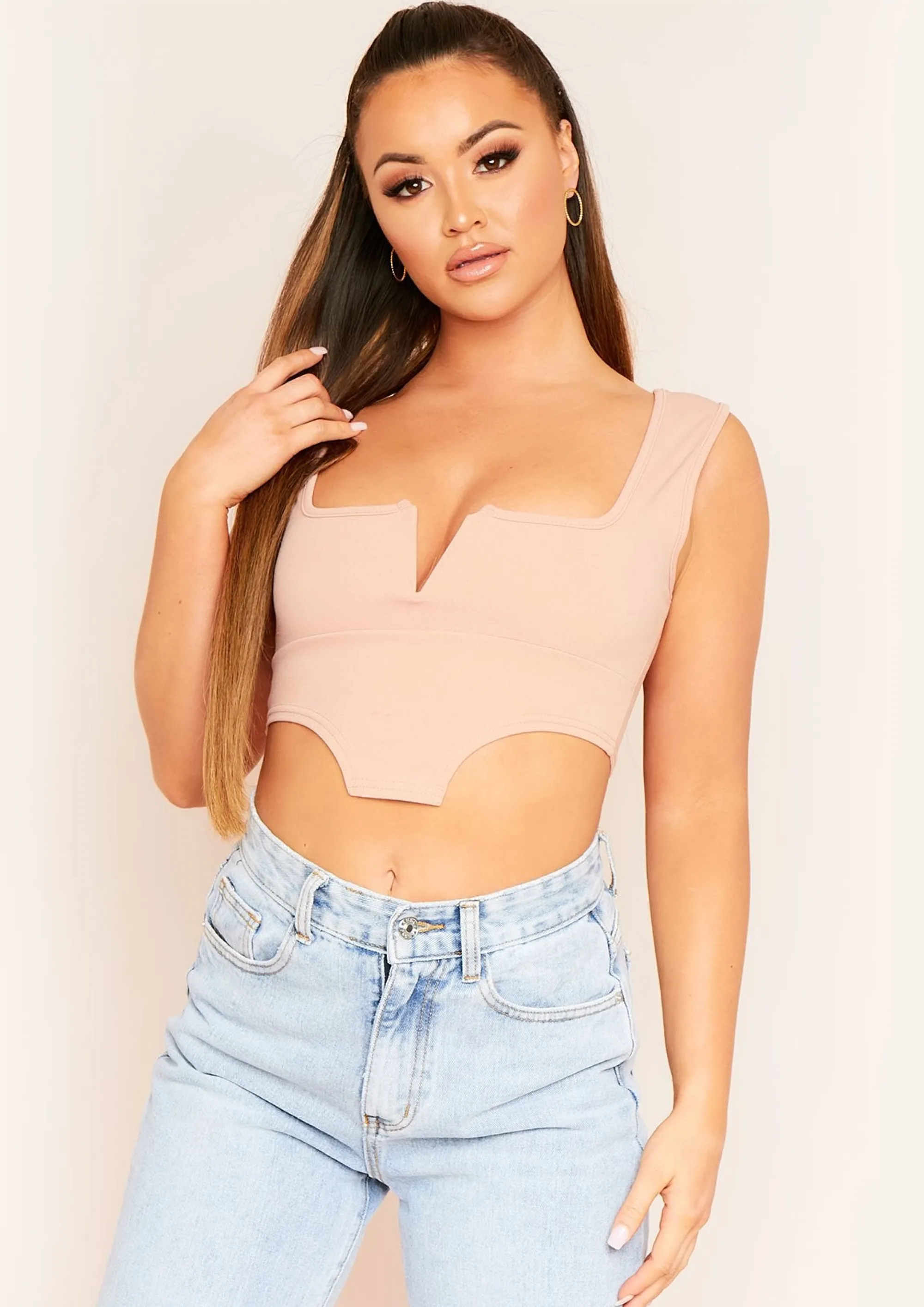 Missy Empire Celestina Rose Pink V Bar Square Neck Corset Crop Top Shop