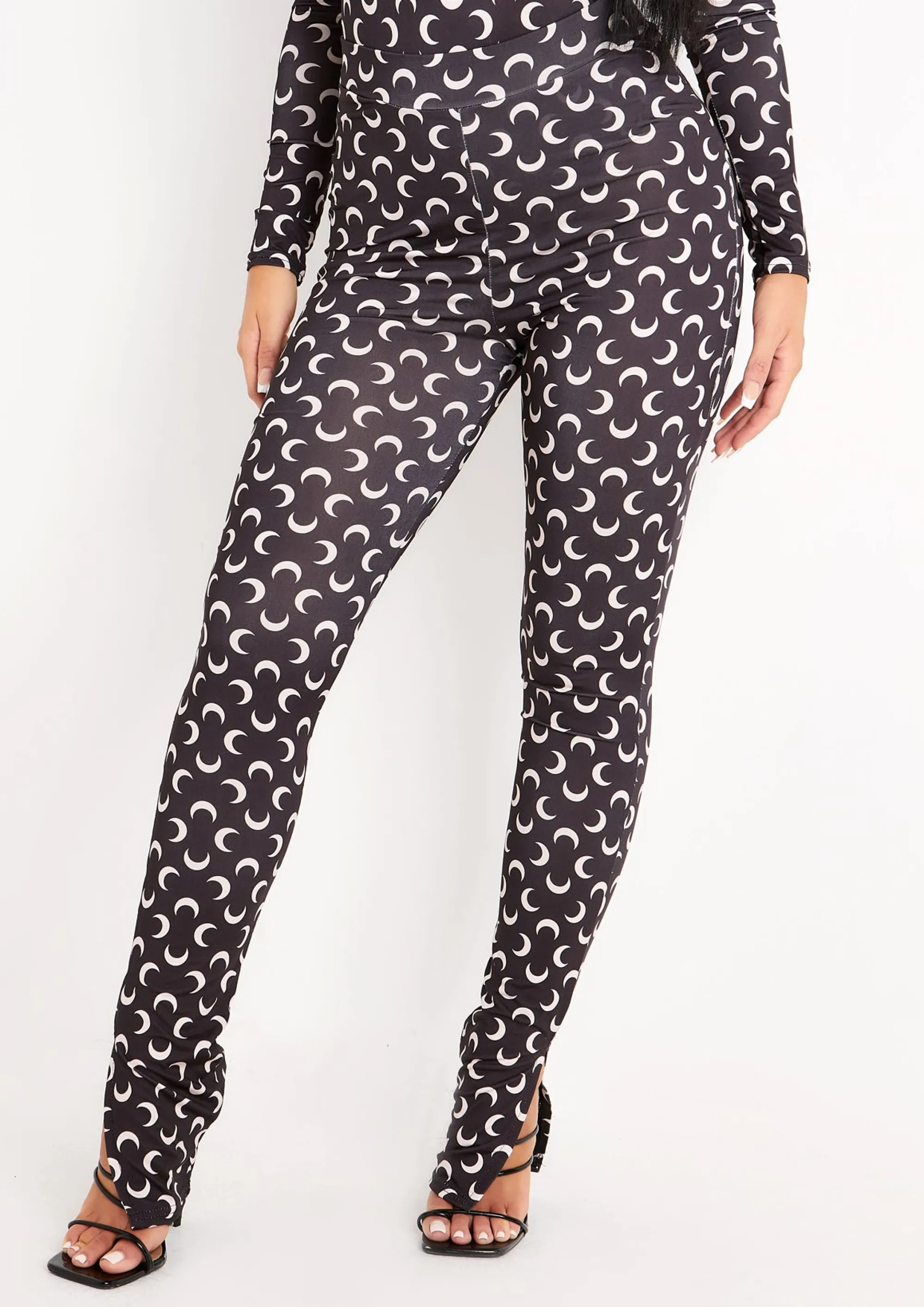 Missy Empire Celia Black Moon Print Split Side Hem High Waisted Leggings^Women Leggings