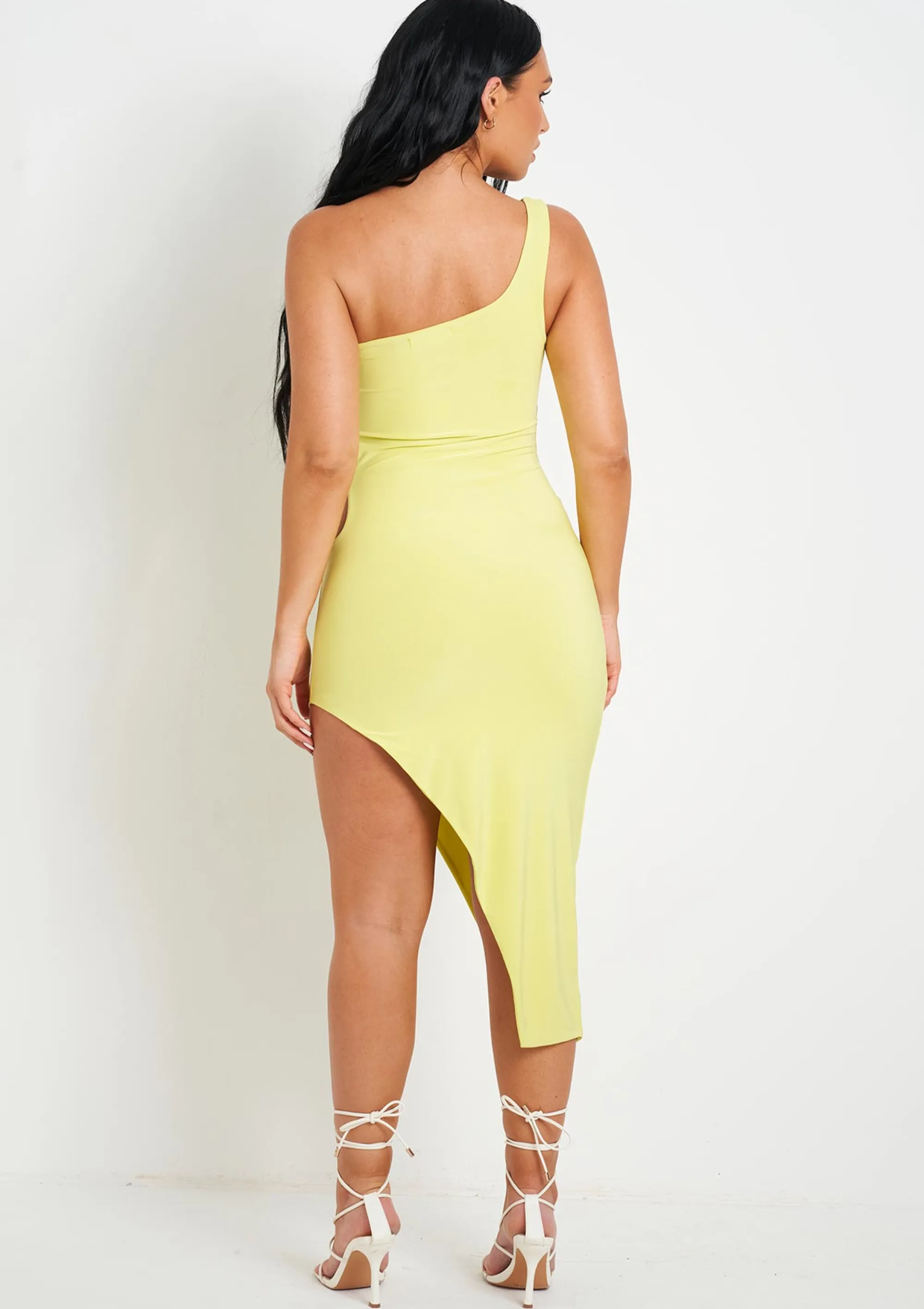 Missy Empire Chantria Lime Double Layer Slinky Cut Out One Shoulder Midi Dress^Women Dresses
