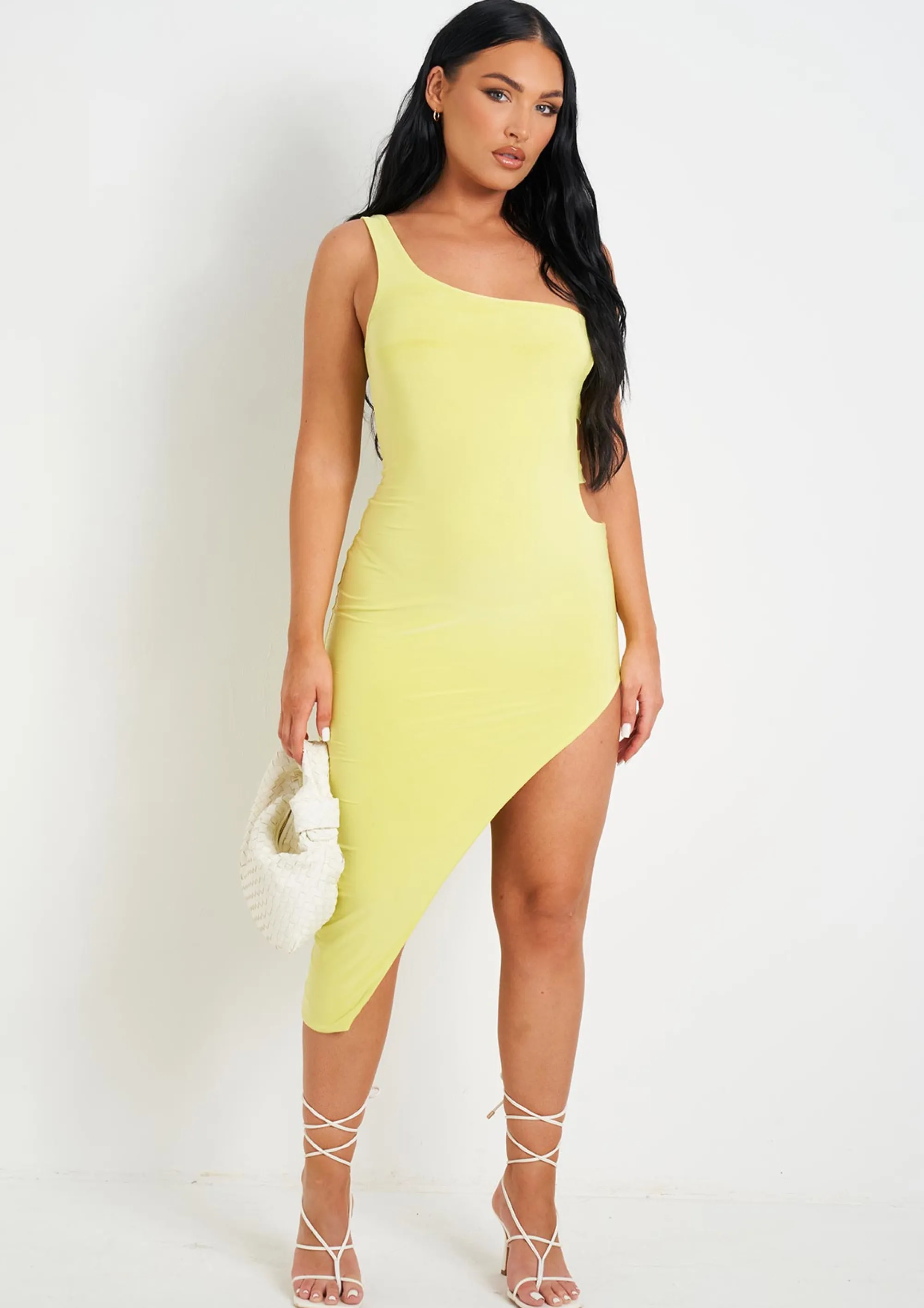 Missy Empire Chantria Lime Double Layer Slinky Cut Out One Shoulder Midi Dress^Women Dresses