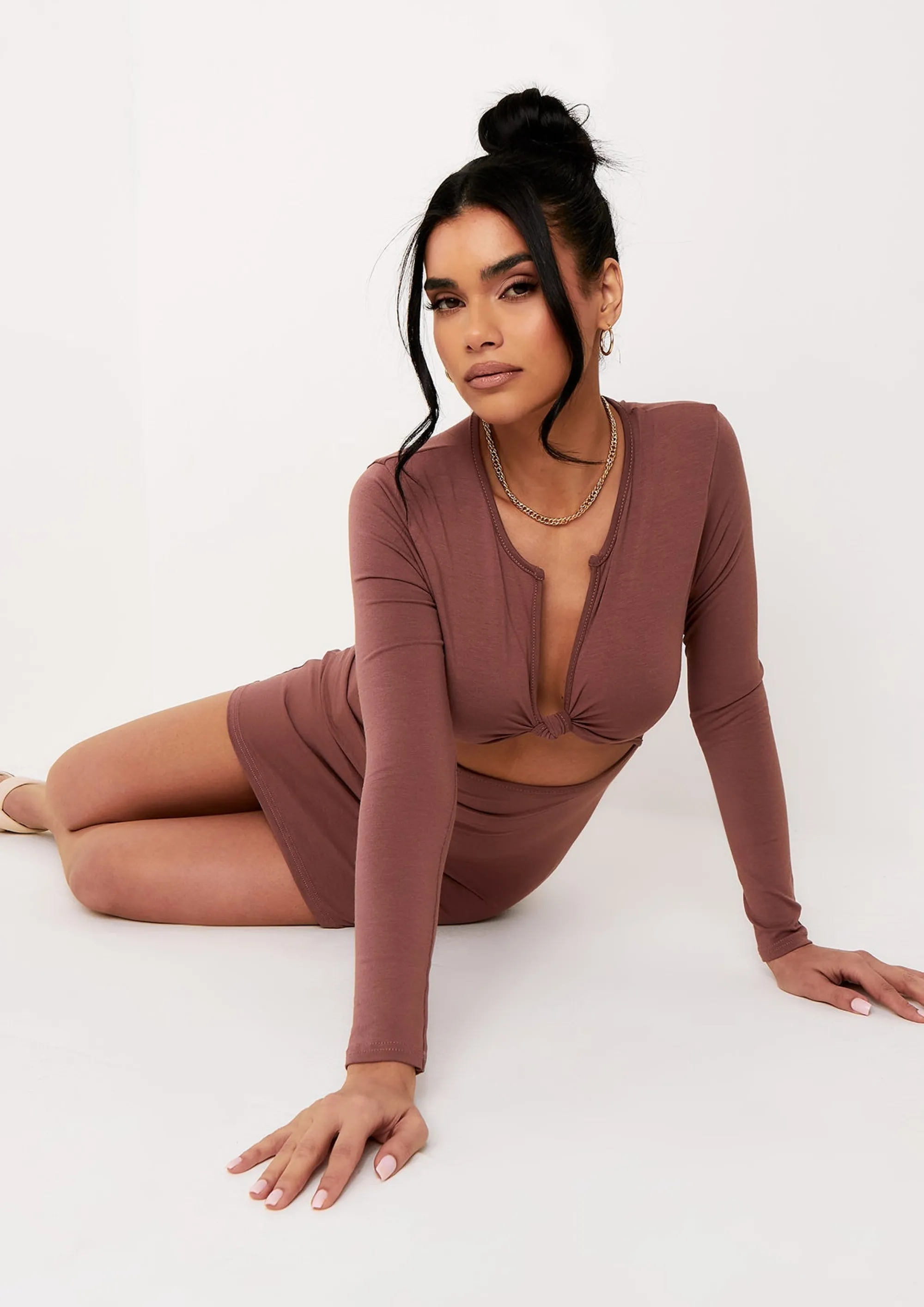 Missy Empire Charlotte Mocha Long Sleeve Knot Front Cut Out Mini Dress^Women Dresses