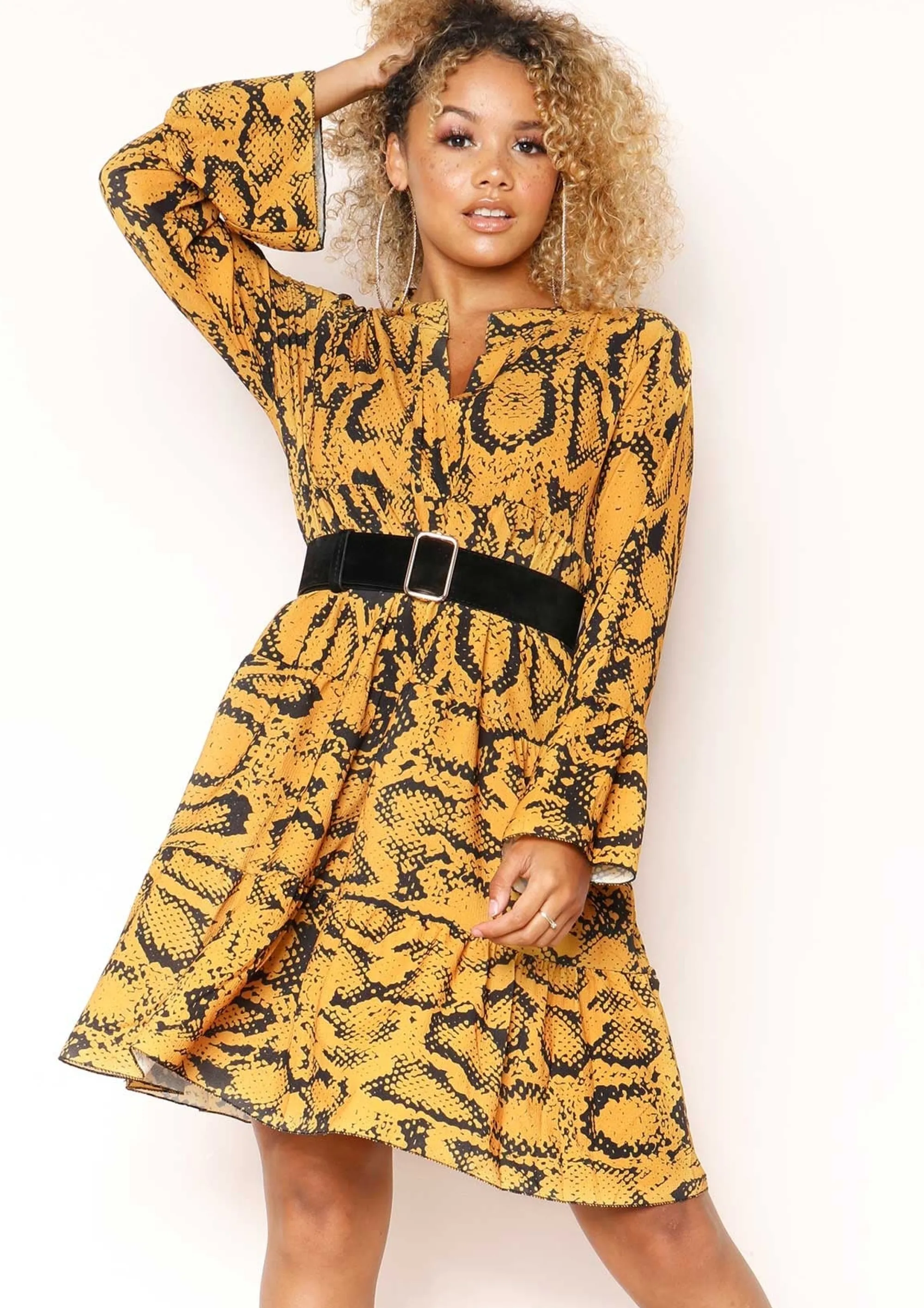 Missy Empire Clare Mustard Snake Print Smock Dress^Women Dresses