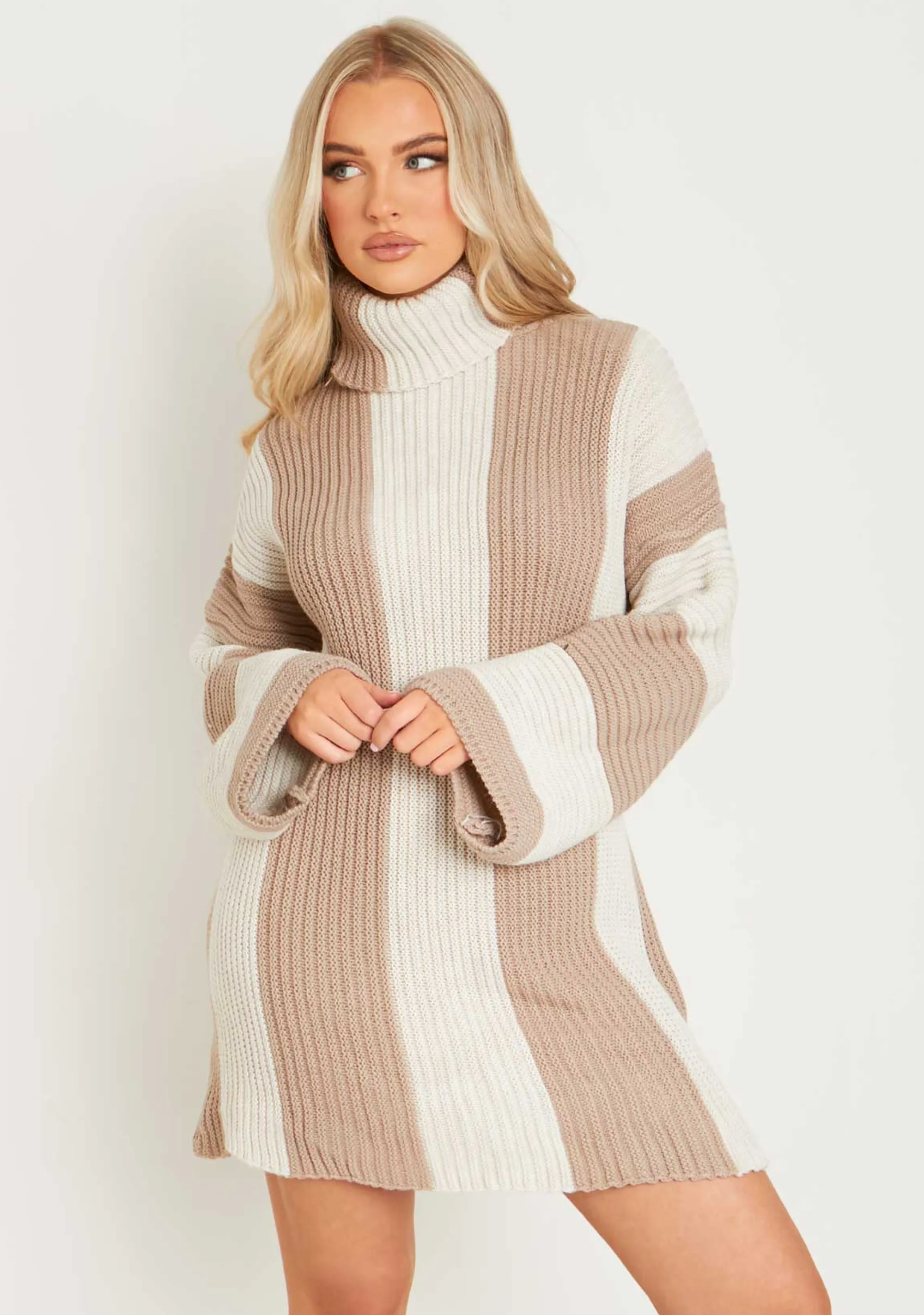 Missy Empire Coco Beige Knitted Stripe Roll Neck Jumper Dress^Women Dresses