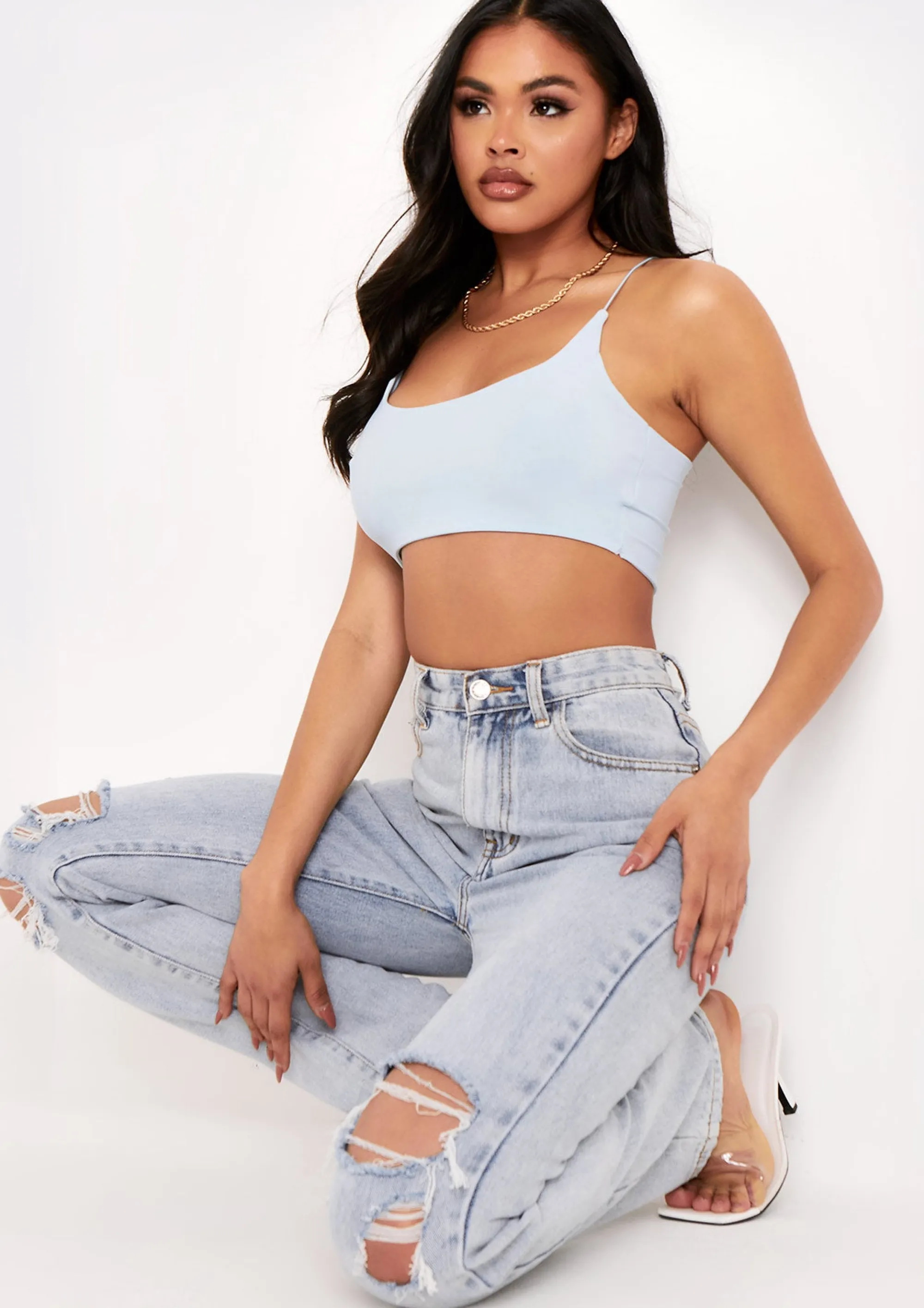 Missy Empire Corazon Pastel Blue Basic Round Scoop Neck Strappy Bralet Cheap