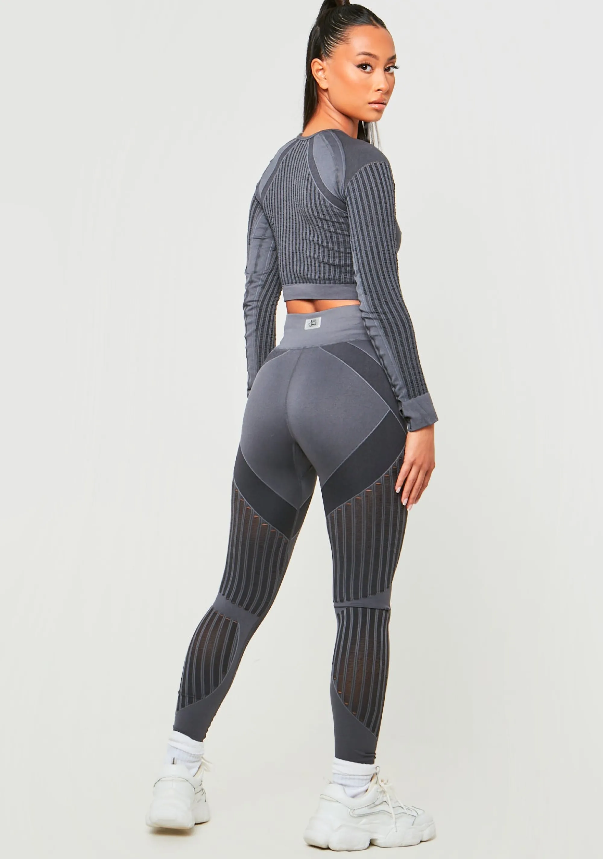 Missy Empire Corinne Charcoal Premium Missy Sport Seamless Ladder Detail Leggings^Women Seamless & Shapewear