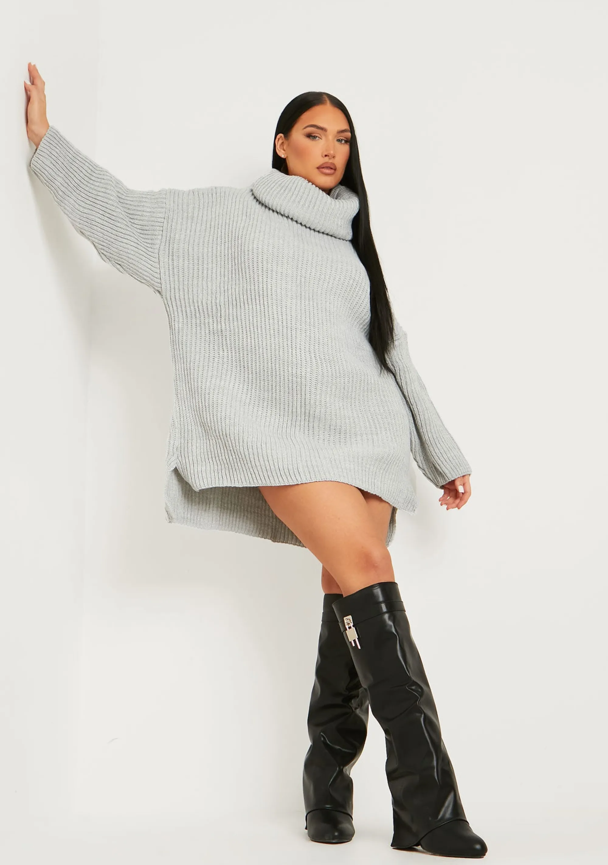 Missy Empire Courtney Light Grey Roll Neck Knitted Dip Hem Jumper Dress^Women Dresses
