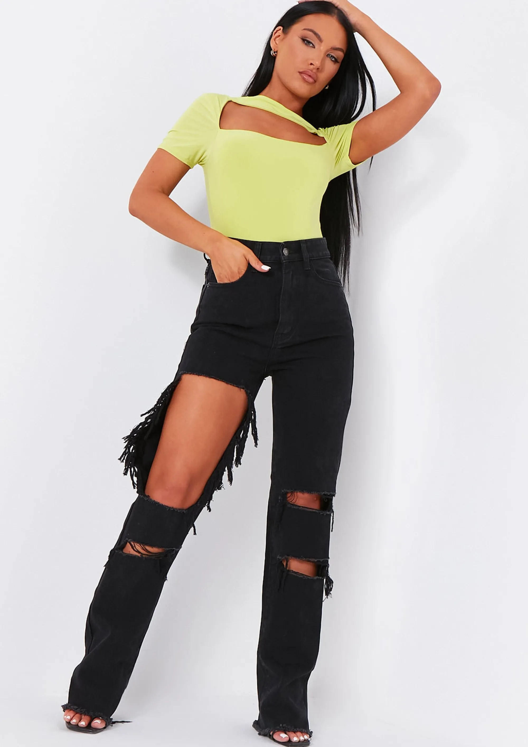 Missy Empire Cyntoia Black Wash High Waisted Cut Out Ripped Denim Jeans Shop