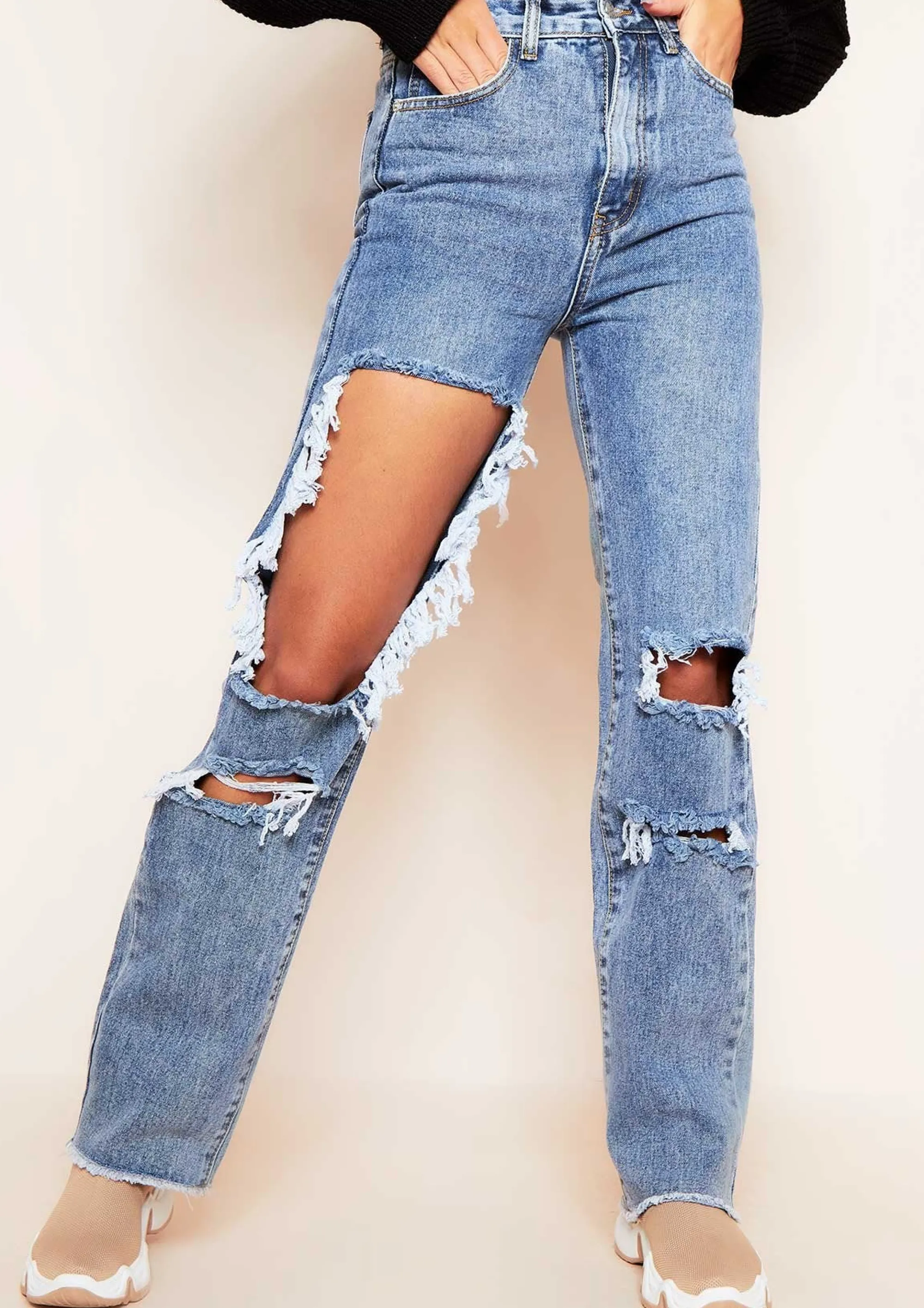 Missy Empire Cyntoia Blue Mid Wash High Waisted Cut Out Ripped Denim Straight Leg Jeans Online