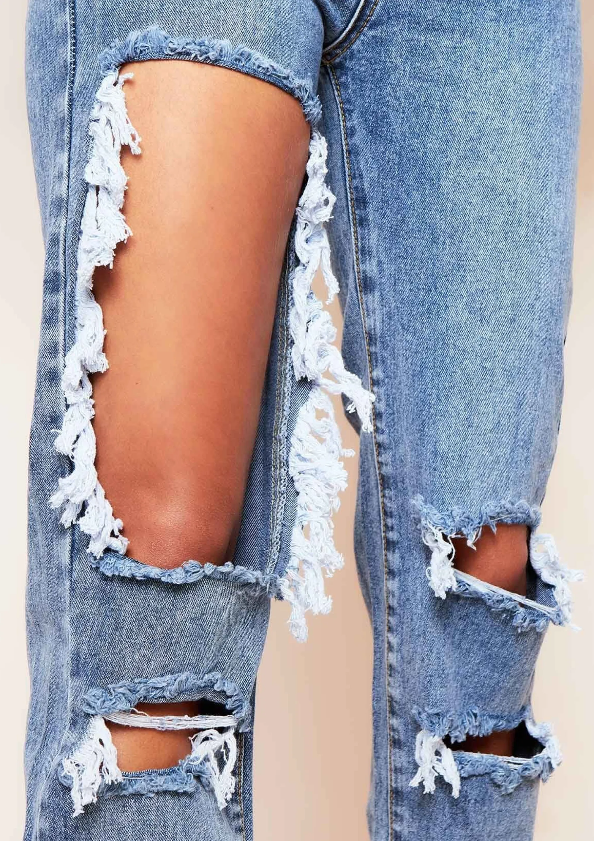 Missy Empire Cyntoia Blue Mid Wash High Waisted Cut Out Ripped Denim Straight Leg Jeans Online