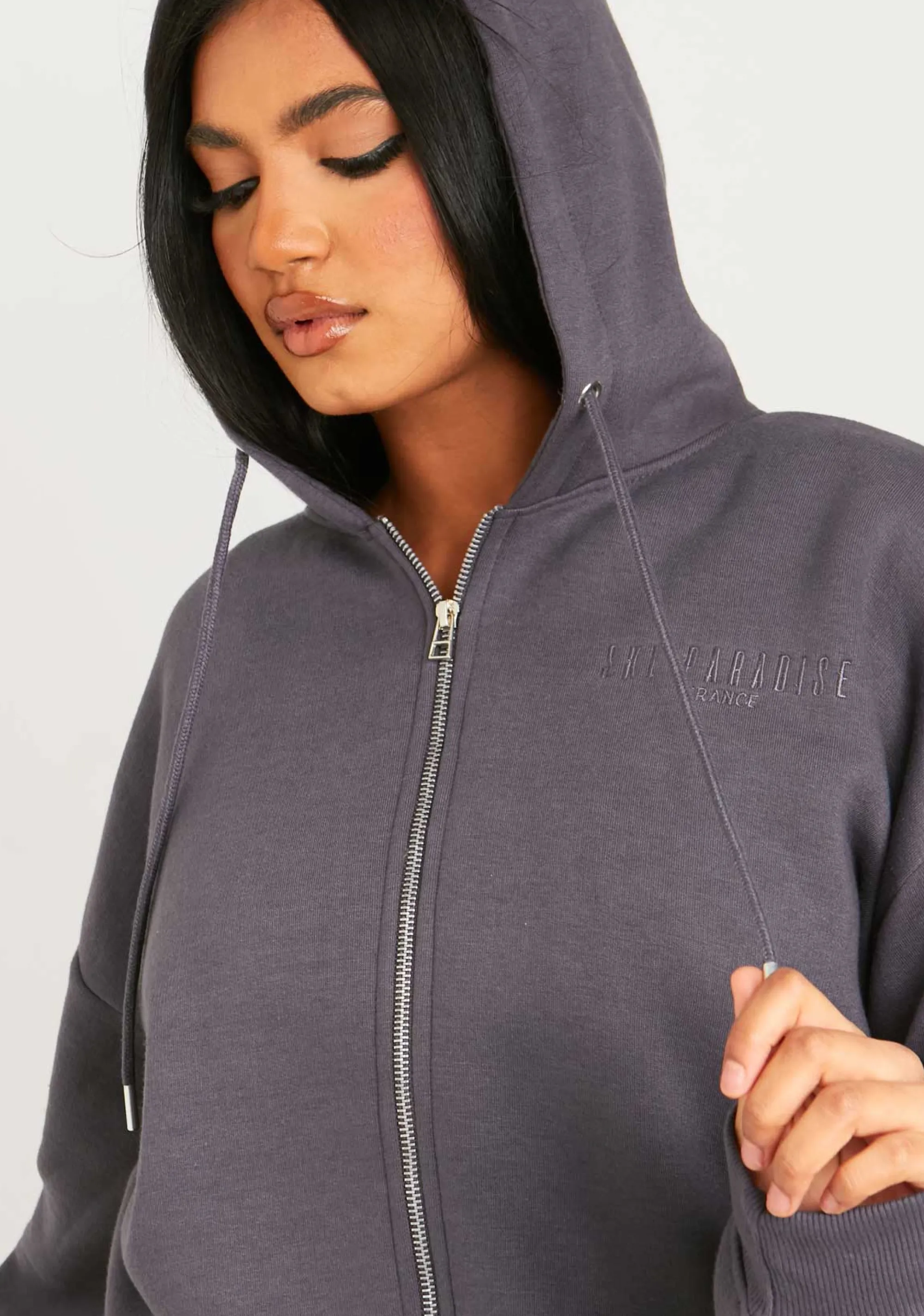Missy Empire Dani Charcoal Ski Paradise Embroidered Oversized Zip Through Hoodie^Women Loungewear