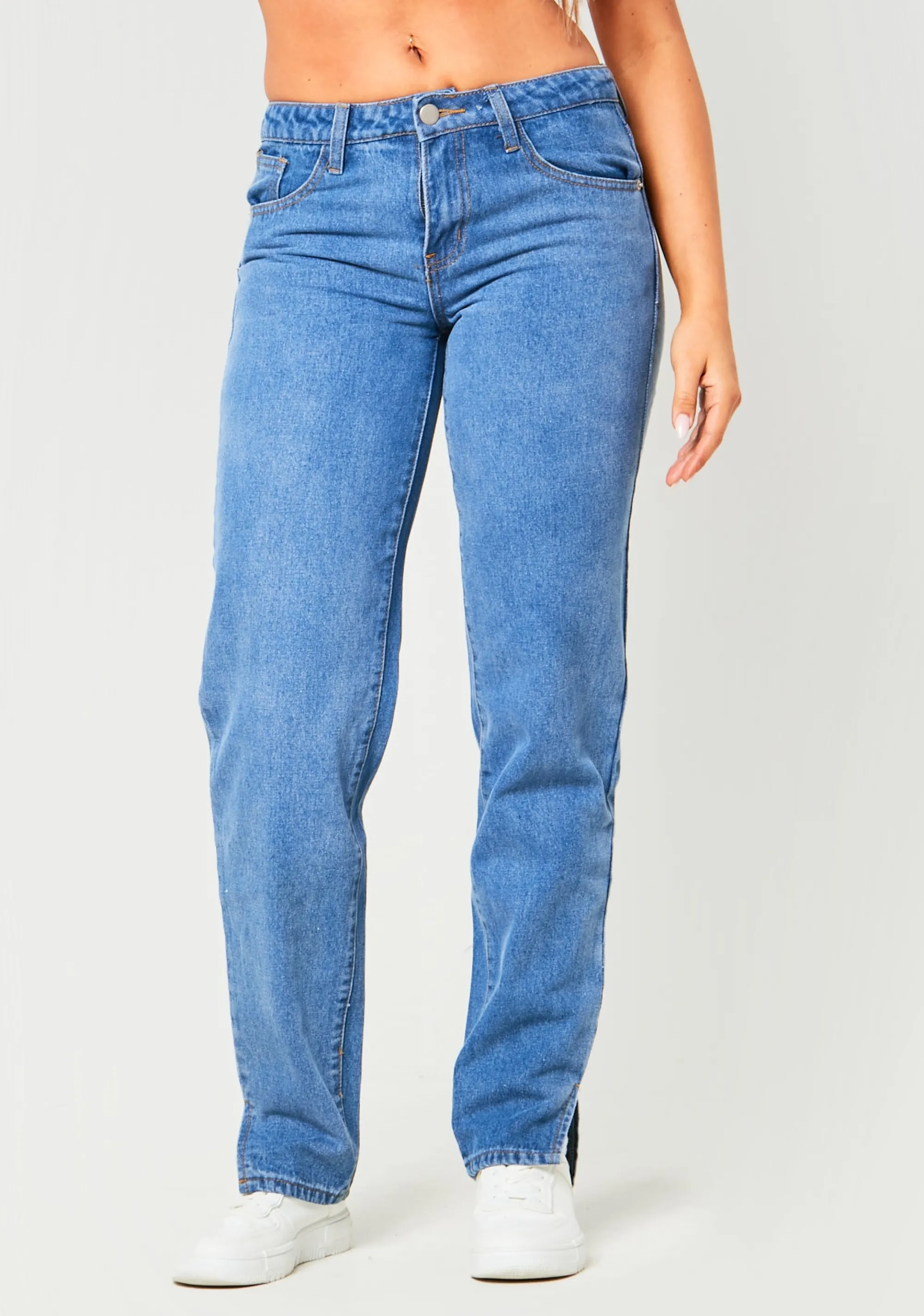 Missy Empire Daniella Mid Wash Blue Denim Low Rise Split Hem Jean Hot