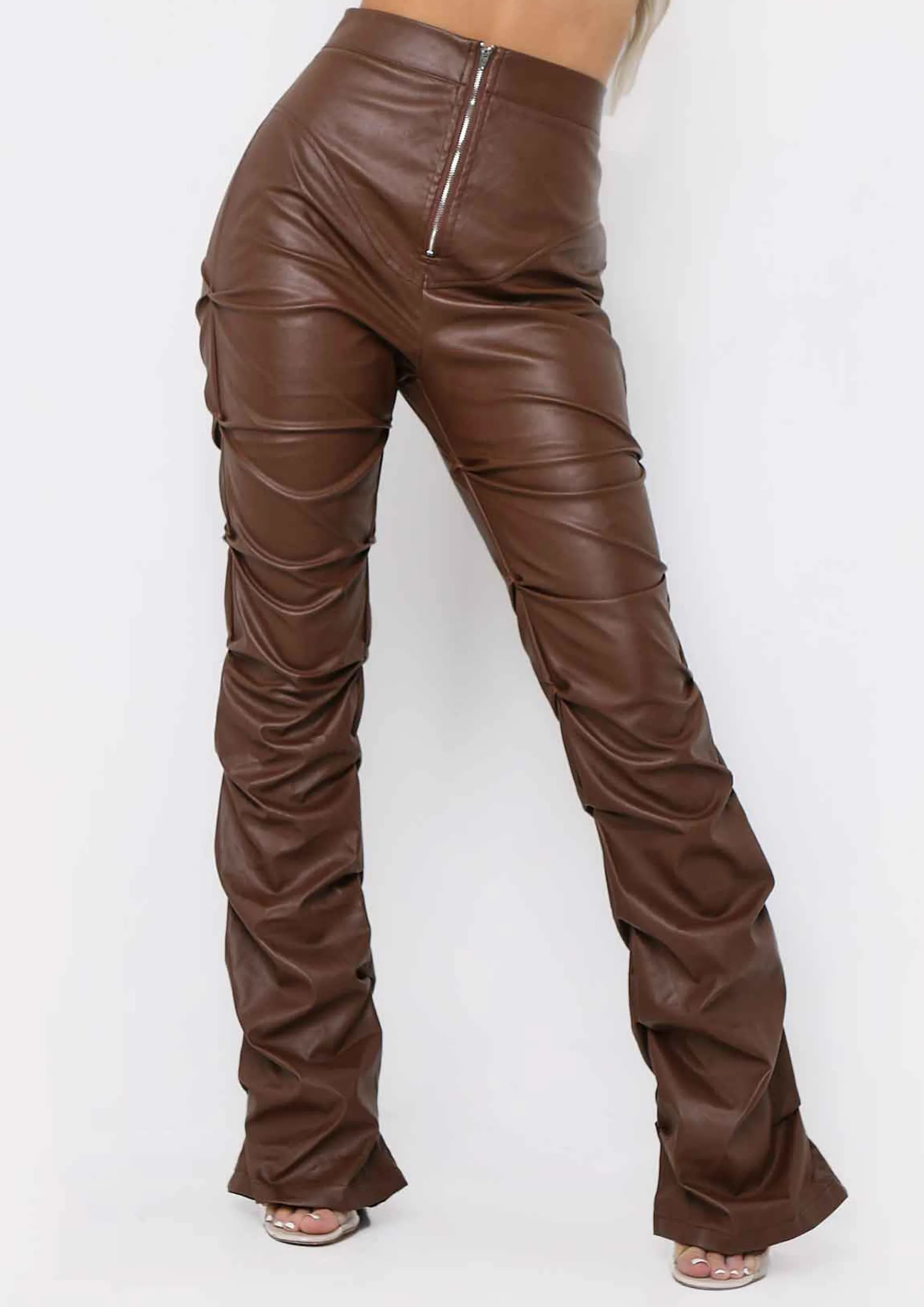 Missy Empire Darelle Chocolate High Waisted Ruched Pu Trousers^Women Trousers