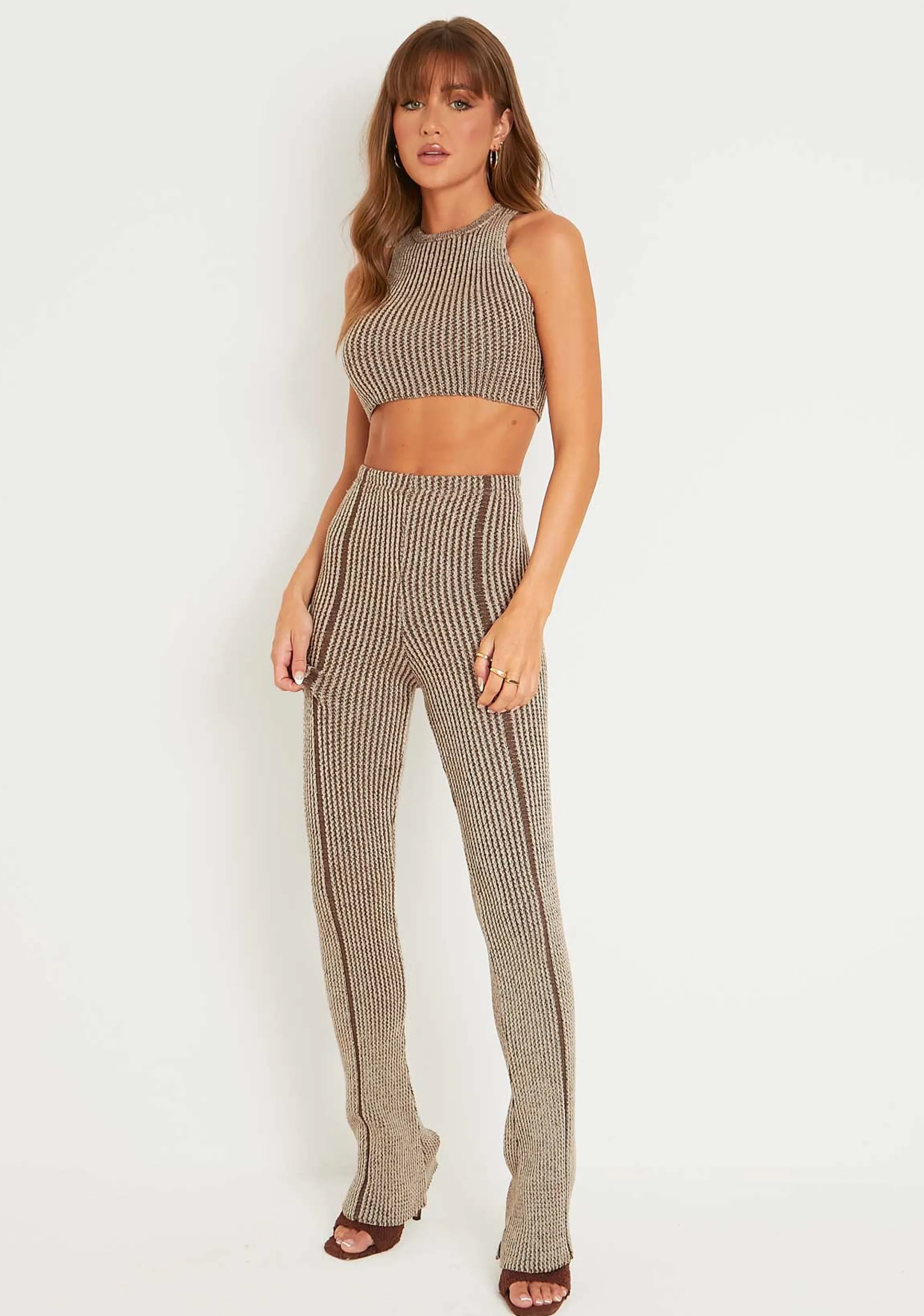 Missy Empire Demi Brown Contrast Knit Trousers^Women Trousers