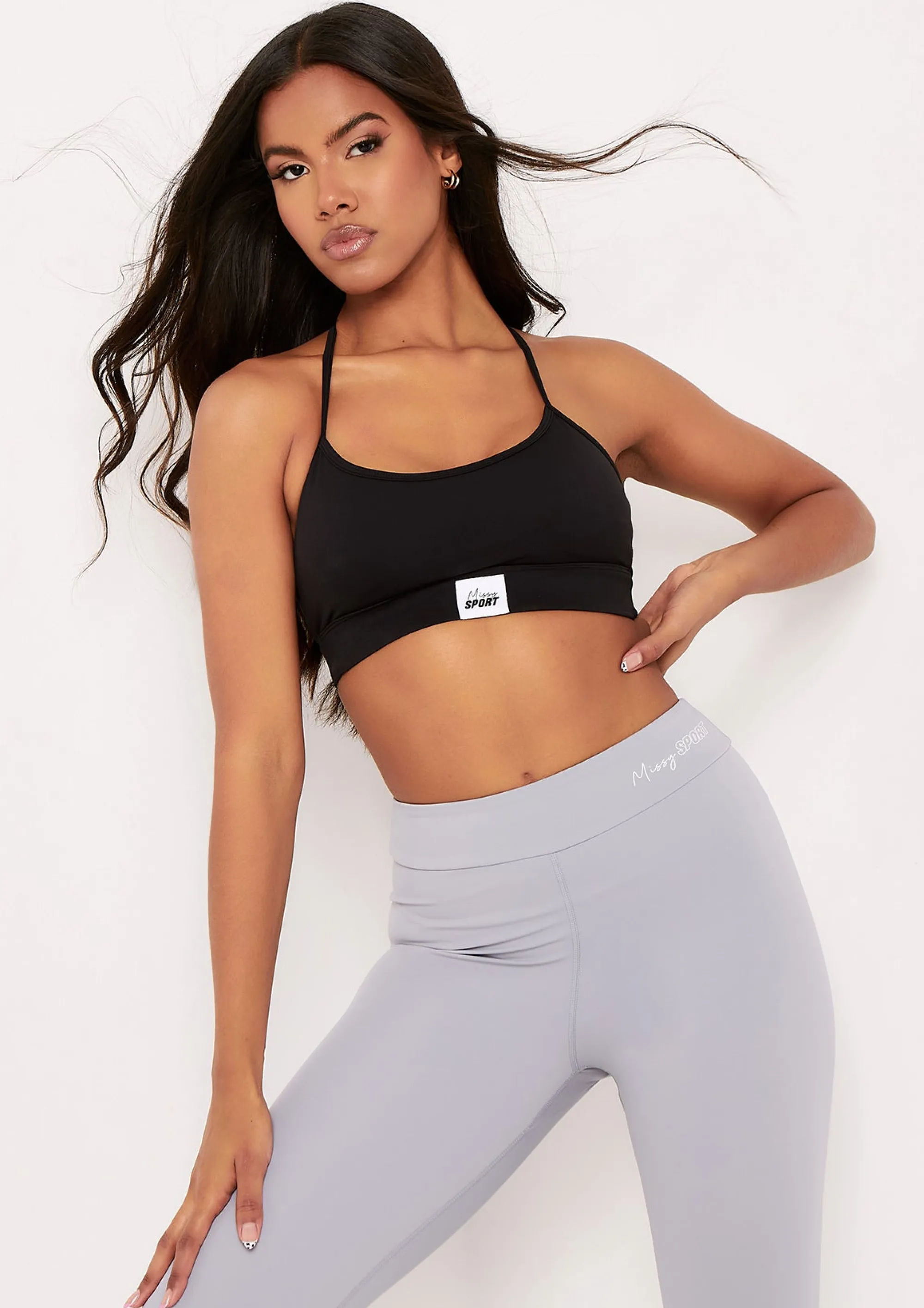 Missy Empire Elena Black Missy Sport Tab Logo Thick Strappy Gym Crop Top^Women Activewear