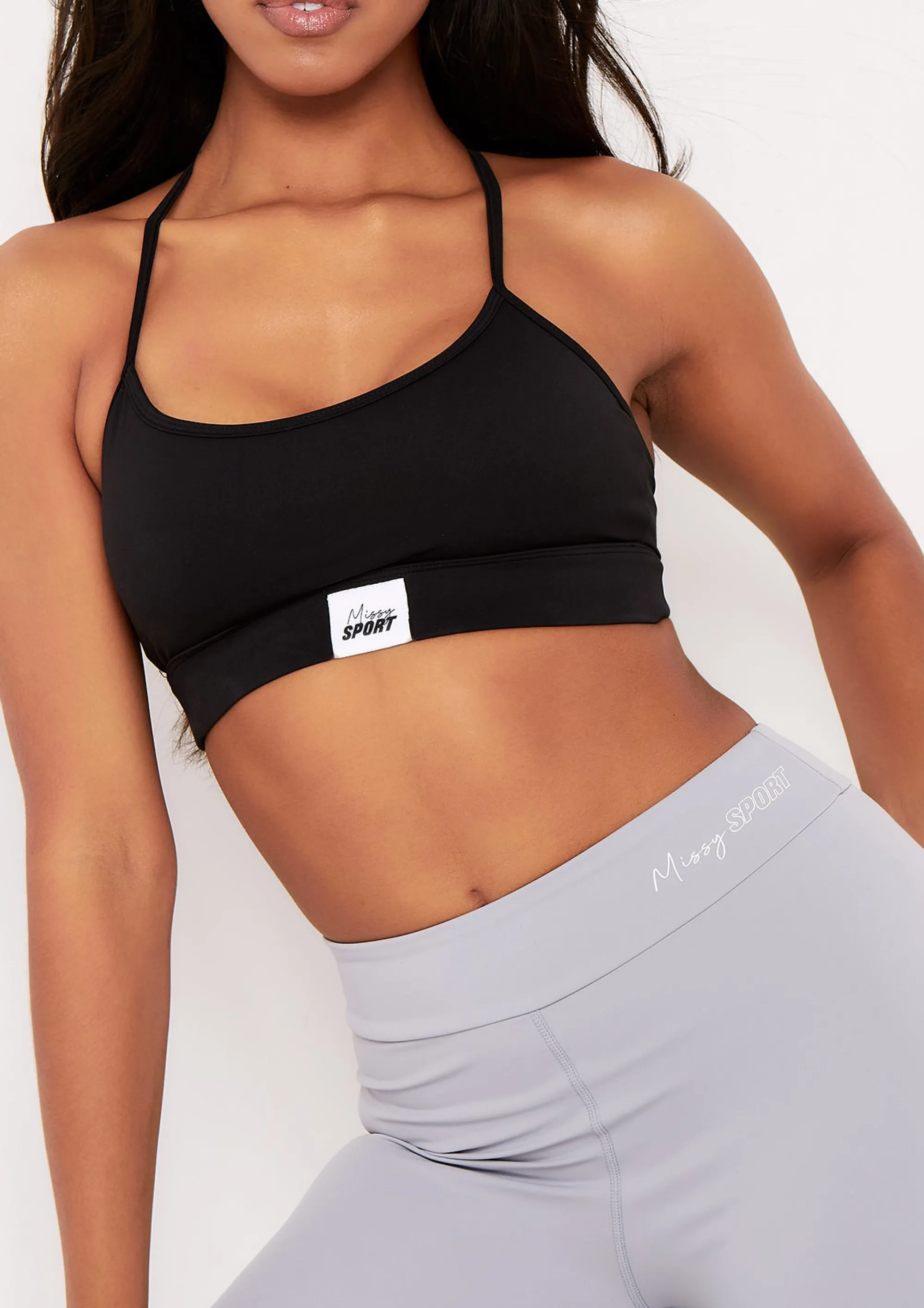 Missy Empire Elena Black Missy Sport Tab Logo Thick Strappy Gym Crop Top^Women Activewear