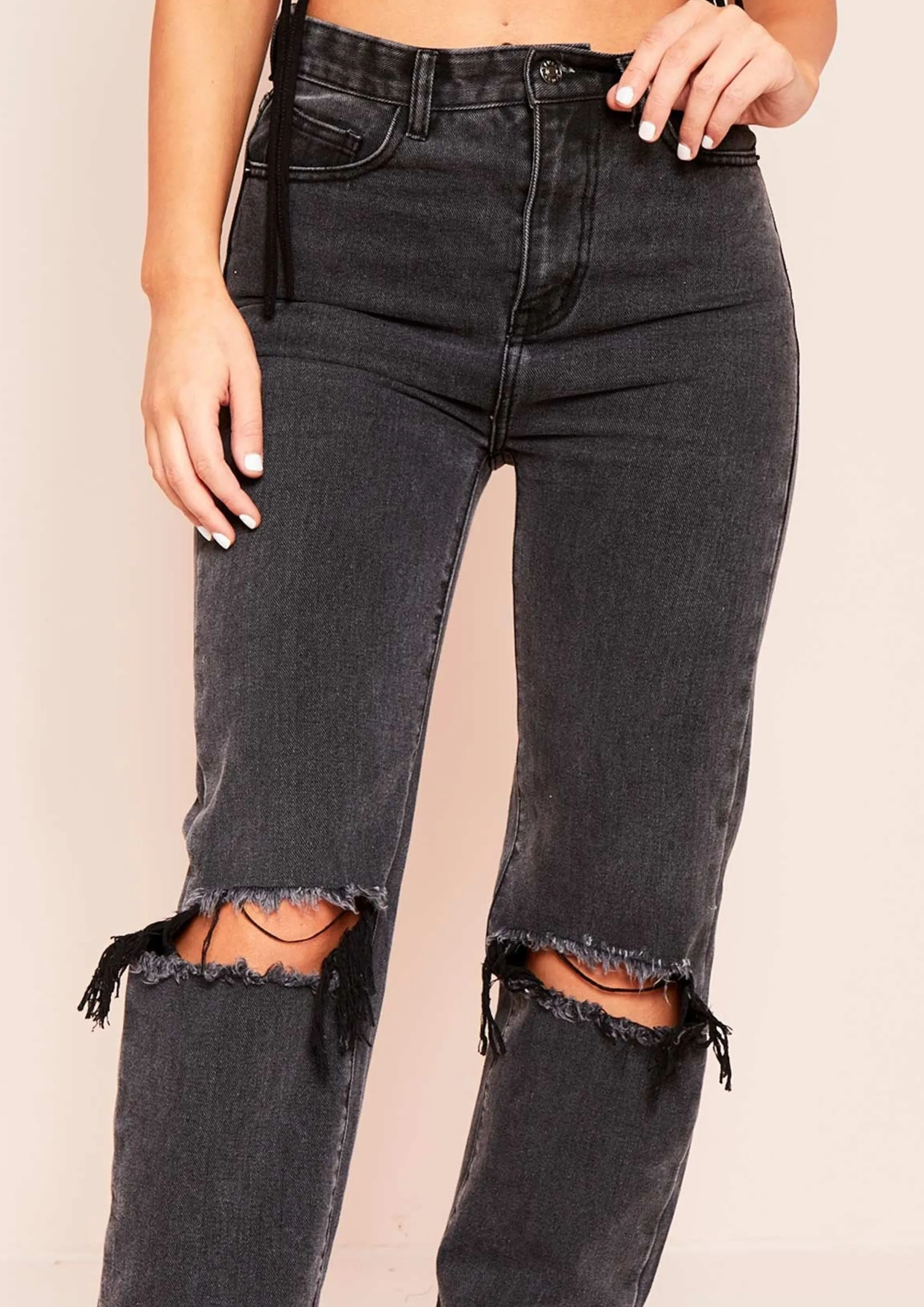 Missy Empire Elif Black Denim Ripped Knee Distressed Hem Straight Leg Jeans Sale