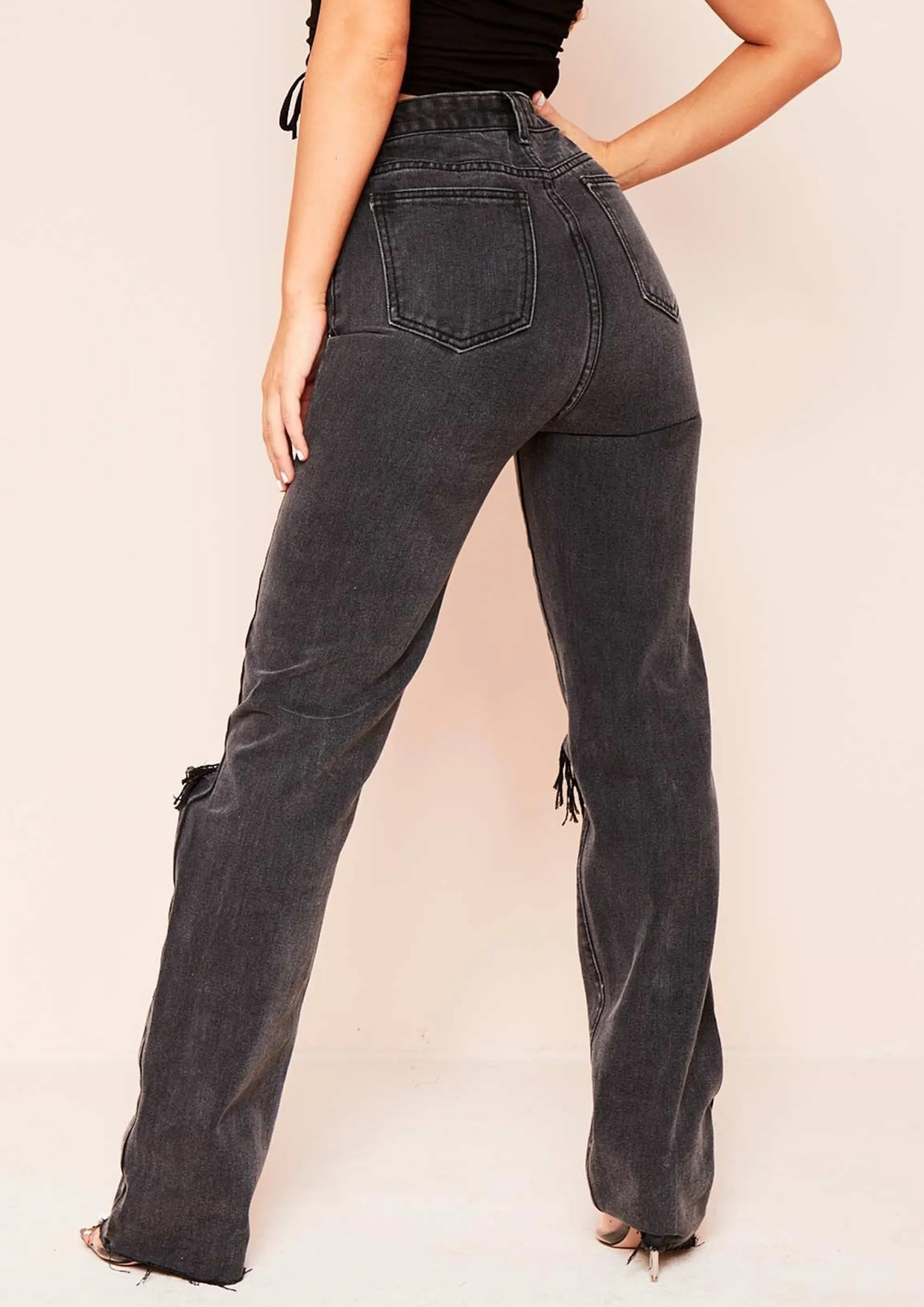Missy Empire Elif Black Denim Ripped Knee Distressed Hem Straight Leg Jeans Sale