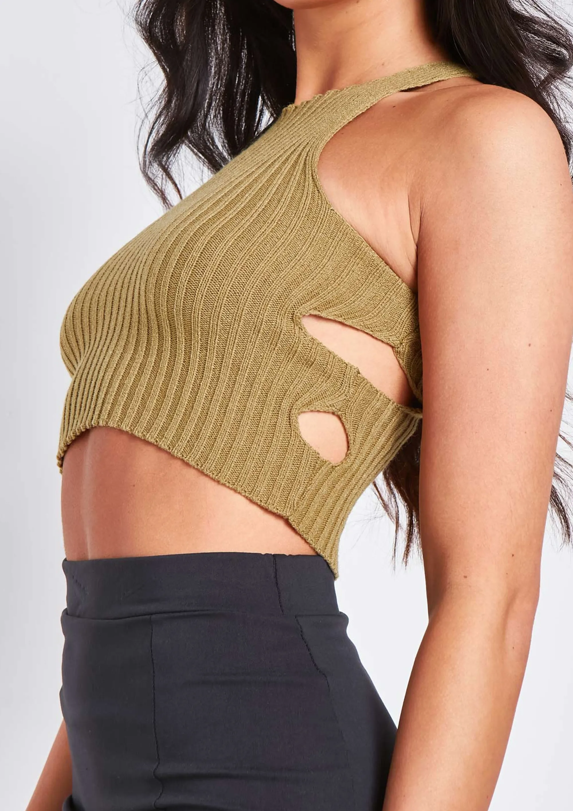 Missy Empire Elissa Khaki Ribbed Knit Crop Cut Out Top With Bolero Cheap