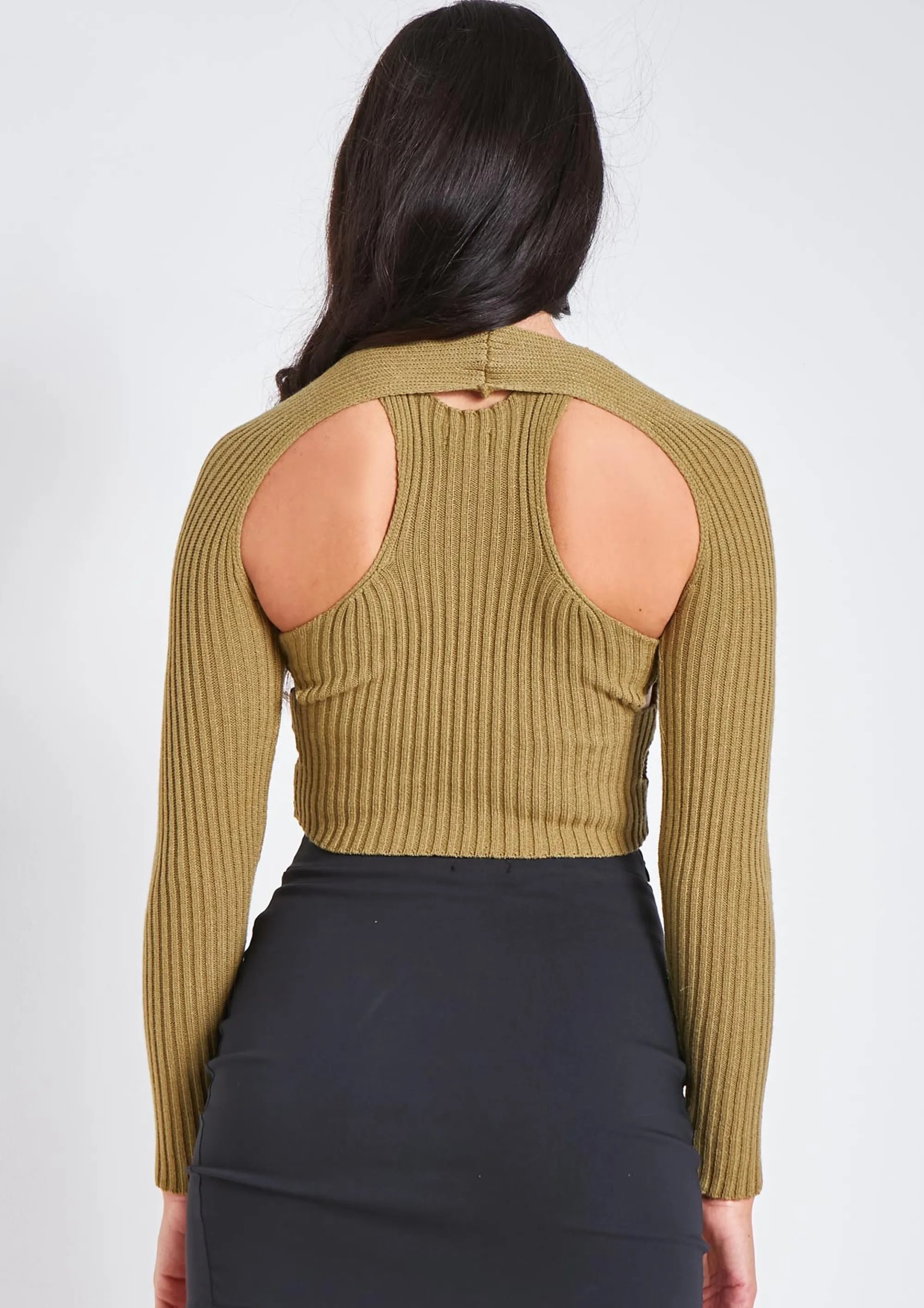 Missy Empire Elissa Khaki Ribbed Knit Crop Cut Out Top With Bolero Cheap