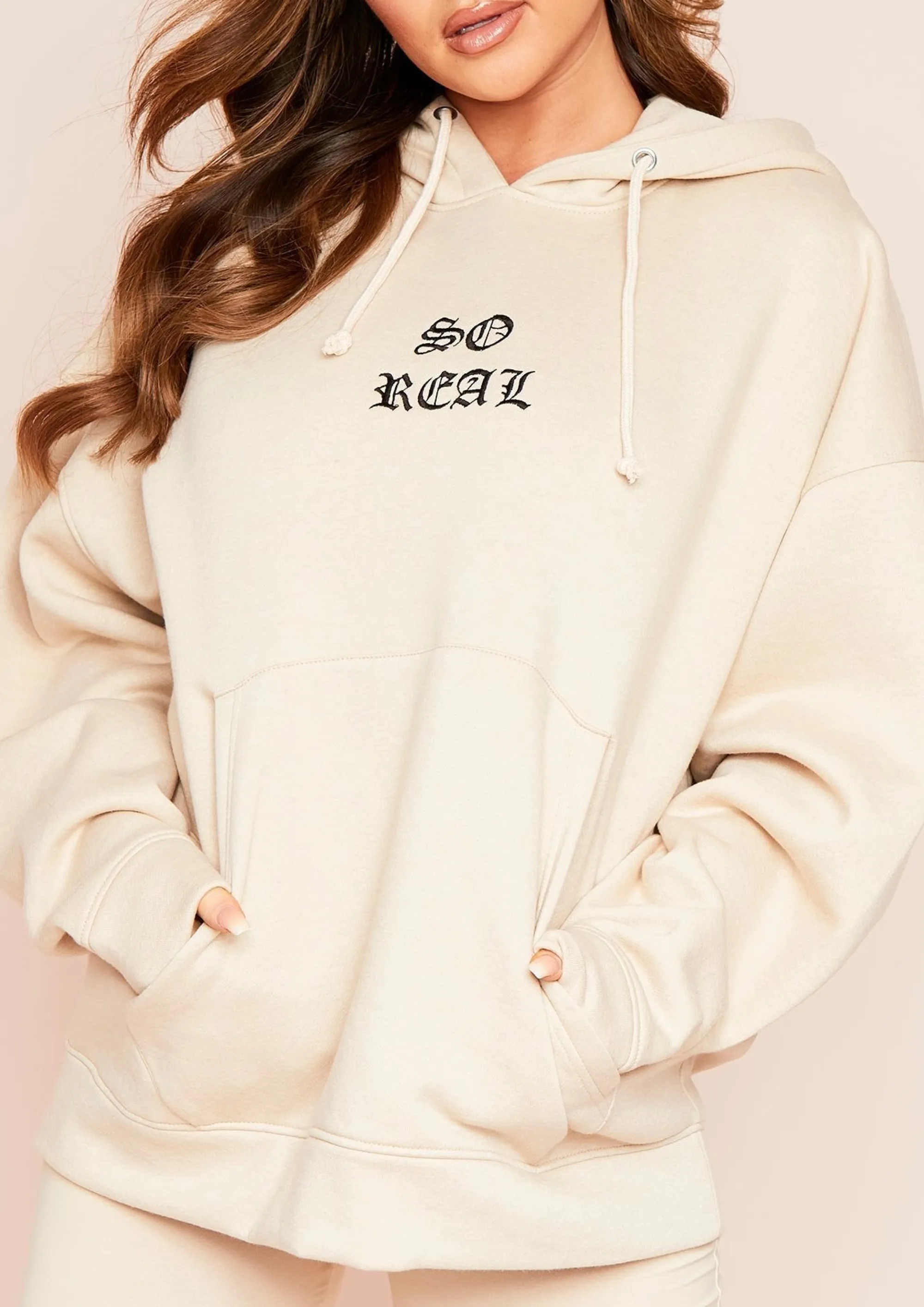 Missy Empire Ellie Cream Oversized So Real Slogan Drawstring Hoodie Shop