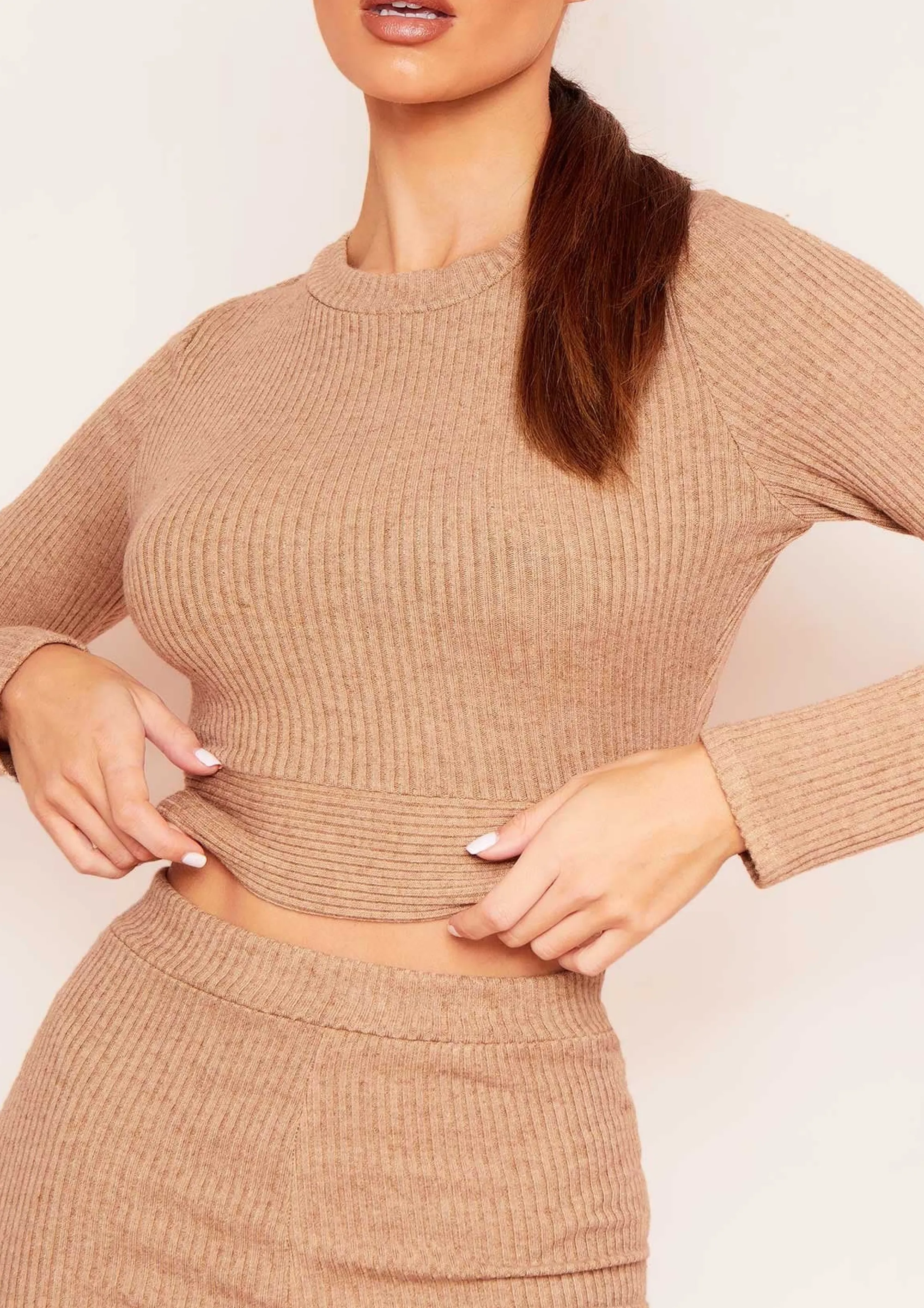 Missy Empire Emma Camel Brushed Rib Wrap Back Tie Waist Crop Top Flash Sale