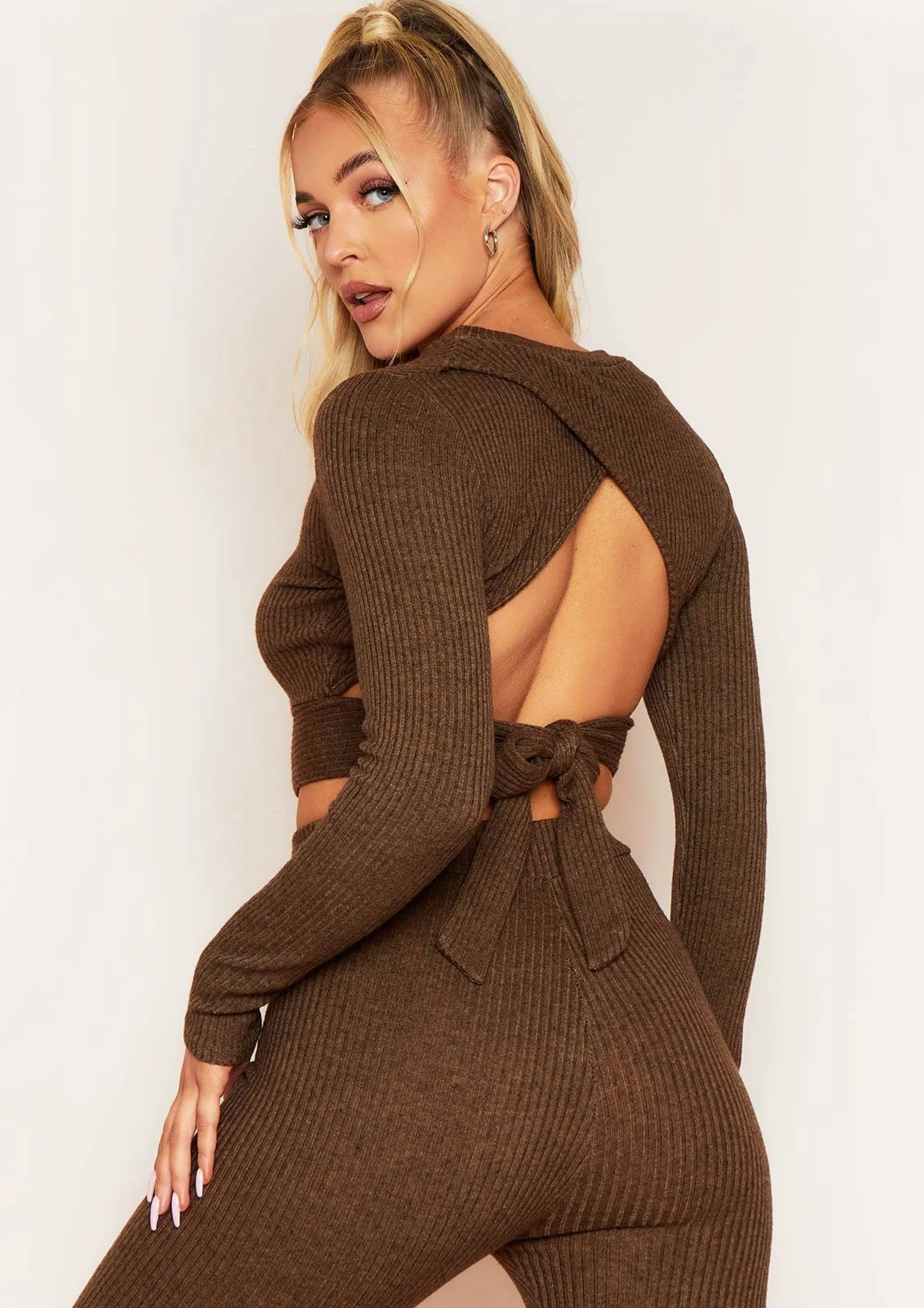 Missy Empire Emma Chocolate Brushed Knit Rib Wrap Back Tie Waist Crop Top Cheap
