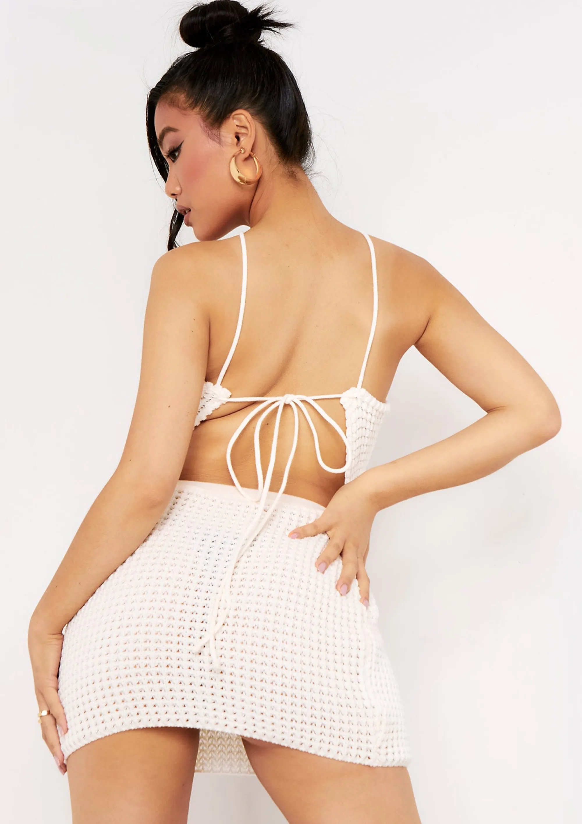 Missy Empire Emma Ivory Tie Back Knitted Pointed Hem Crop Top New