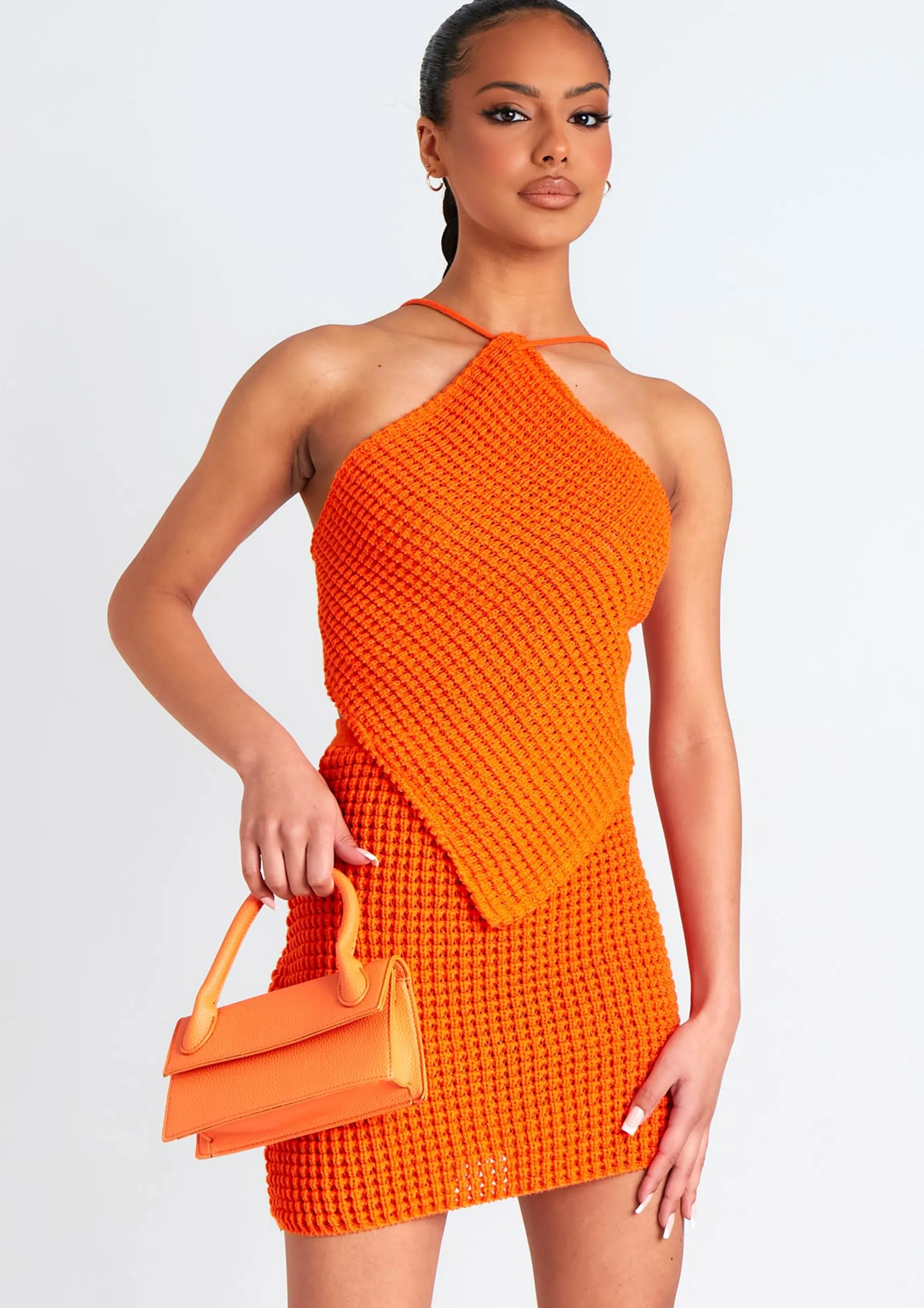 Missy Empire Emma Orange Tie Back Knitted Pointed Hem Crop Top Store