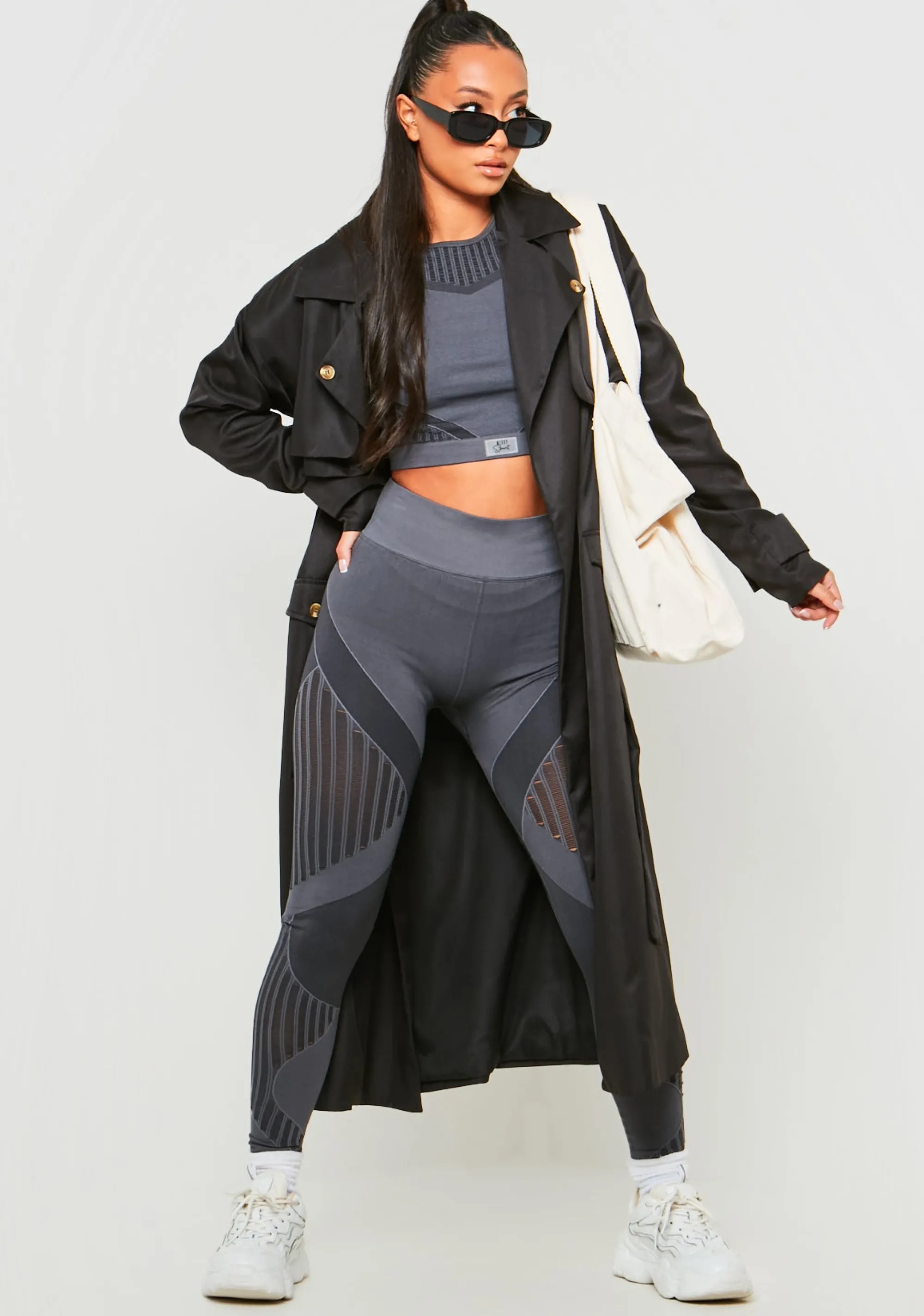 Missy Empire Enya Charcoal Premium Missy Sport Seamless Ladder Detail Long Sleeve Crop Top Shop