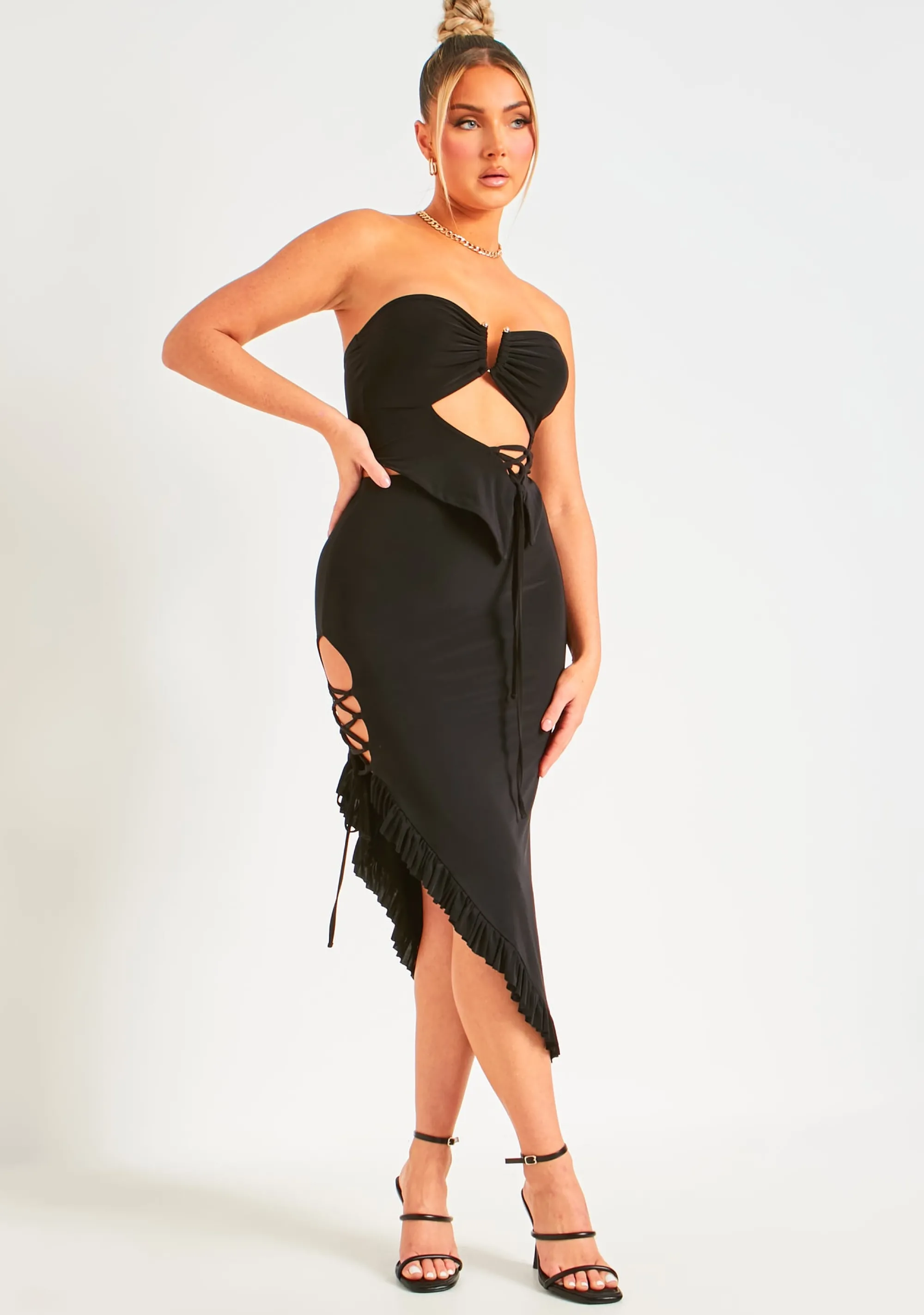 Missy Empire Erin Black Slinky Lace Up Detail Frill Hem Midi Skirt Discount